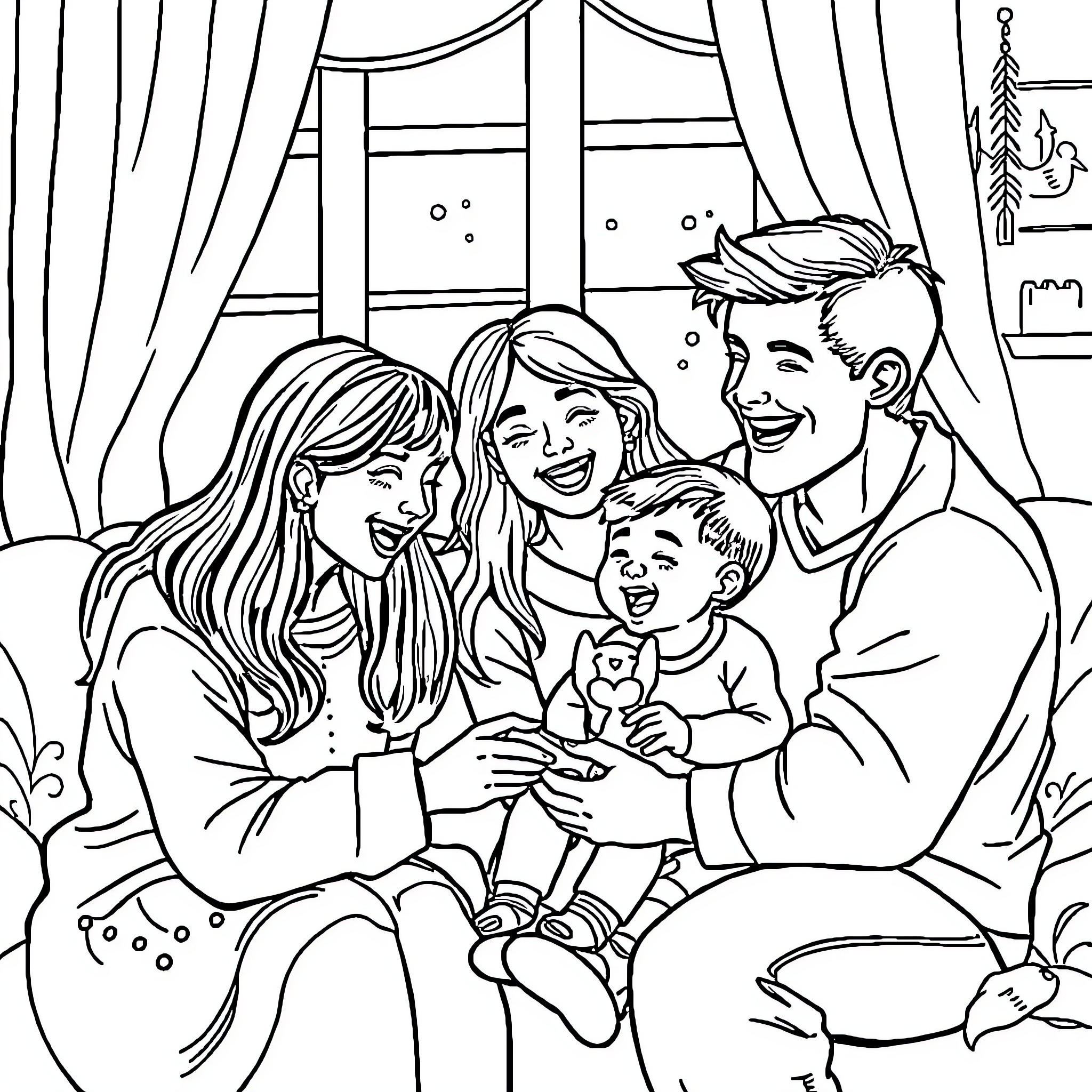 Family Enjoying Festive Time Together Coloring Page (free black-and-white line drawing printable PDF for all, from beginners to advanced learners, including children, teens, adults, and seniors)