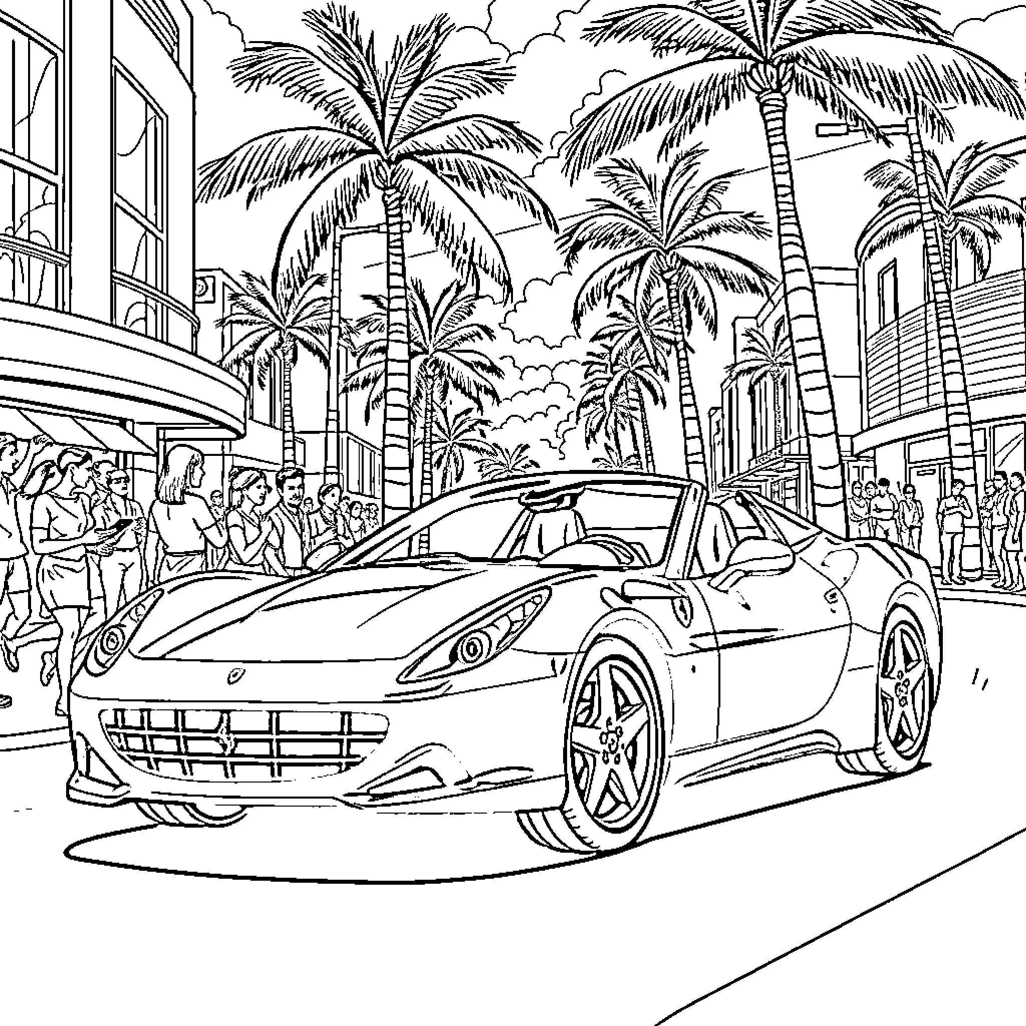 George Washington's Tropical Car Excursion Coloring Page (free black-and-white line drawing printable PDF for all, from beginners to advanced learners, including children, teens, adults, and seniors)