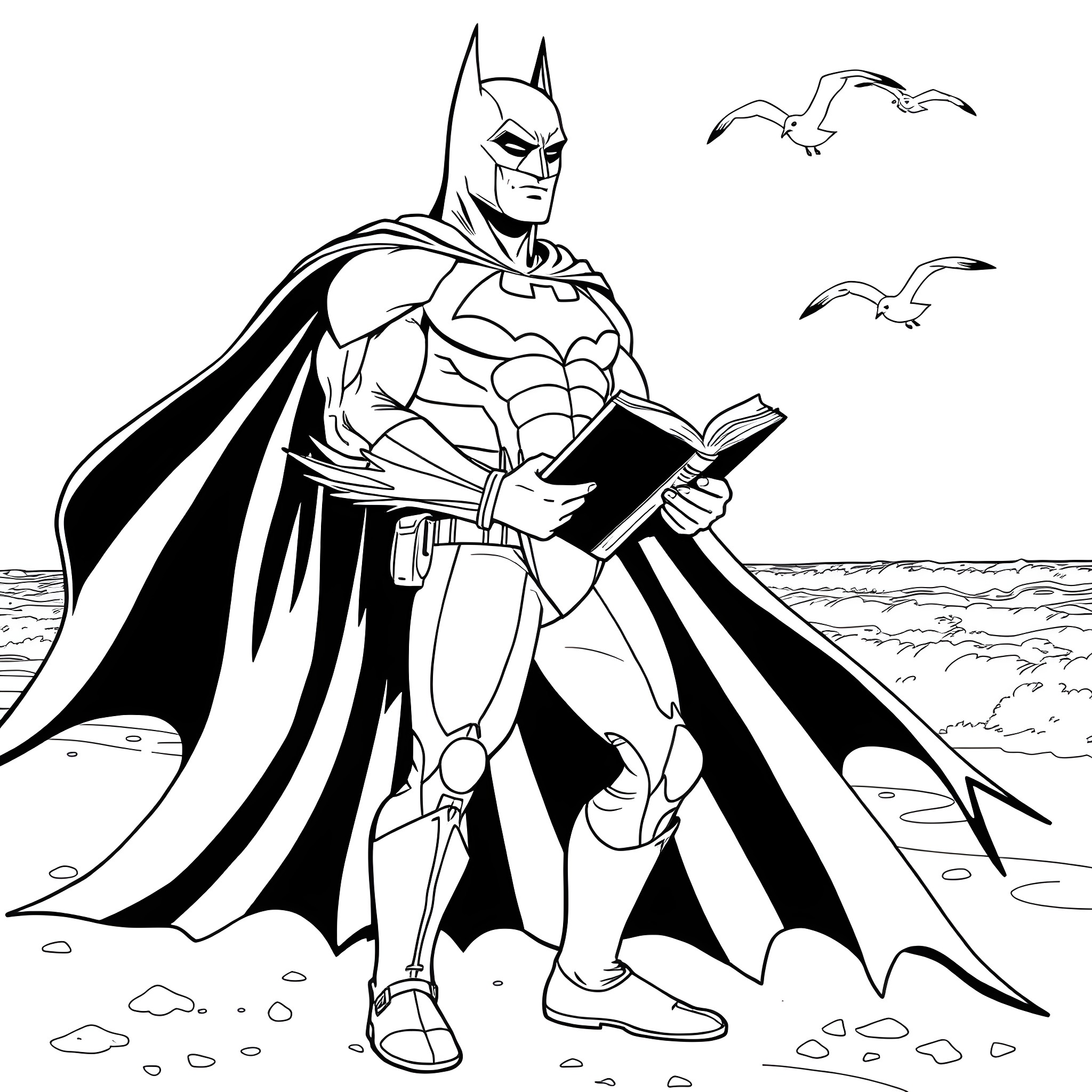 Batman overlooking the beach at sunset Coloring Page (free black-and-white line drawing printable PDF for all, from beginners to advanced learners, including children, teens, adults, and seniors)