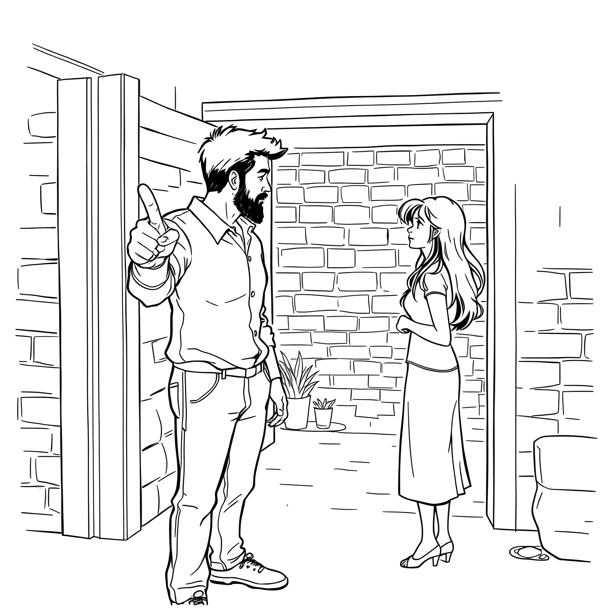 Husband talking to wife at the door Coloring Page (free black-and-white line drawing printable PDF for all, from beginners to advanced learners, including children, teens, adults, and seniors)