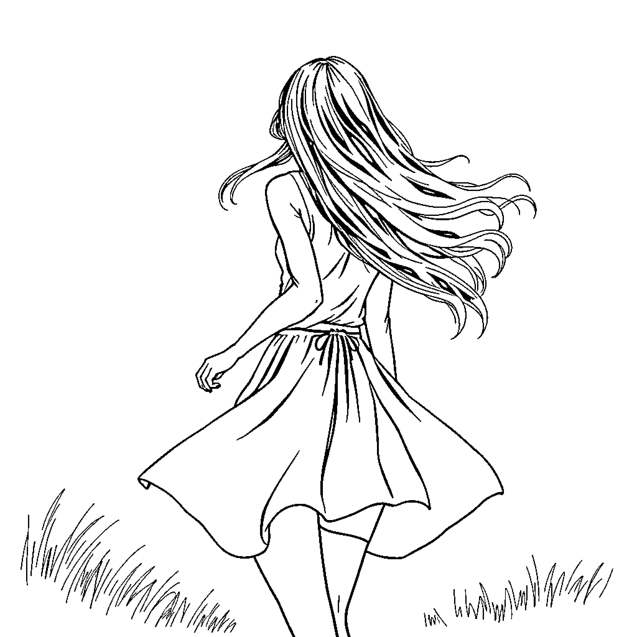 Female Figure Enjoying Flowing Dress in Nature Coloring Page (free black-and-white line drawing printable PDF for all, from beginners to advanced learners, including children, teens, adults, and seniors)