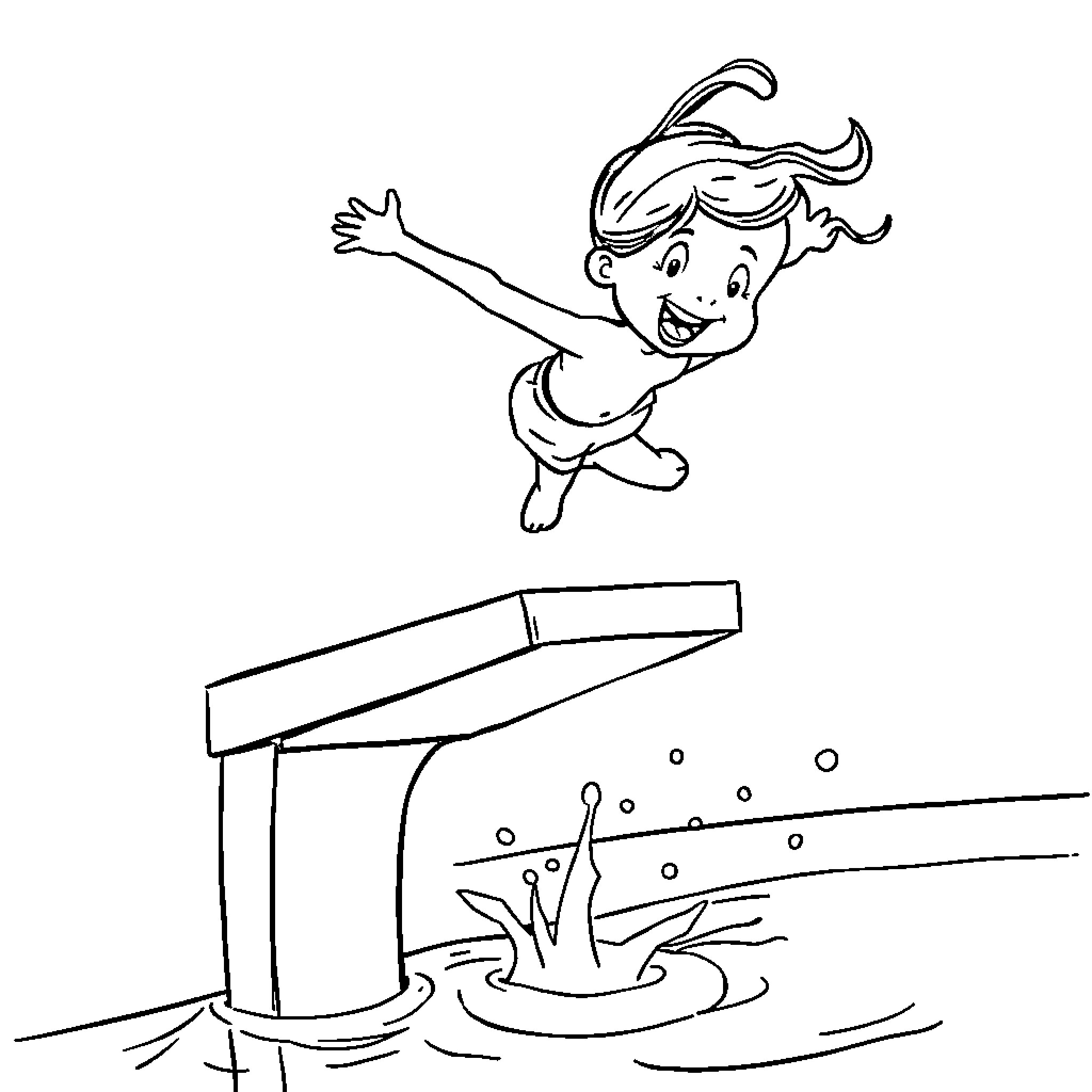 Girl happily jumping off diving board Coloring Page (free black-and-white line drawing printable PDF for all, from beginners to advanced learners, including children, teens, adults, and seniors)