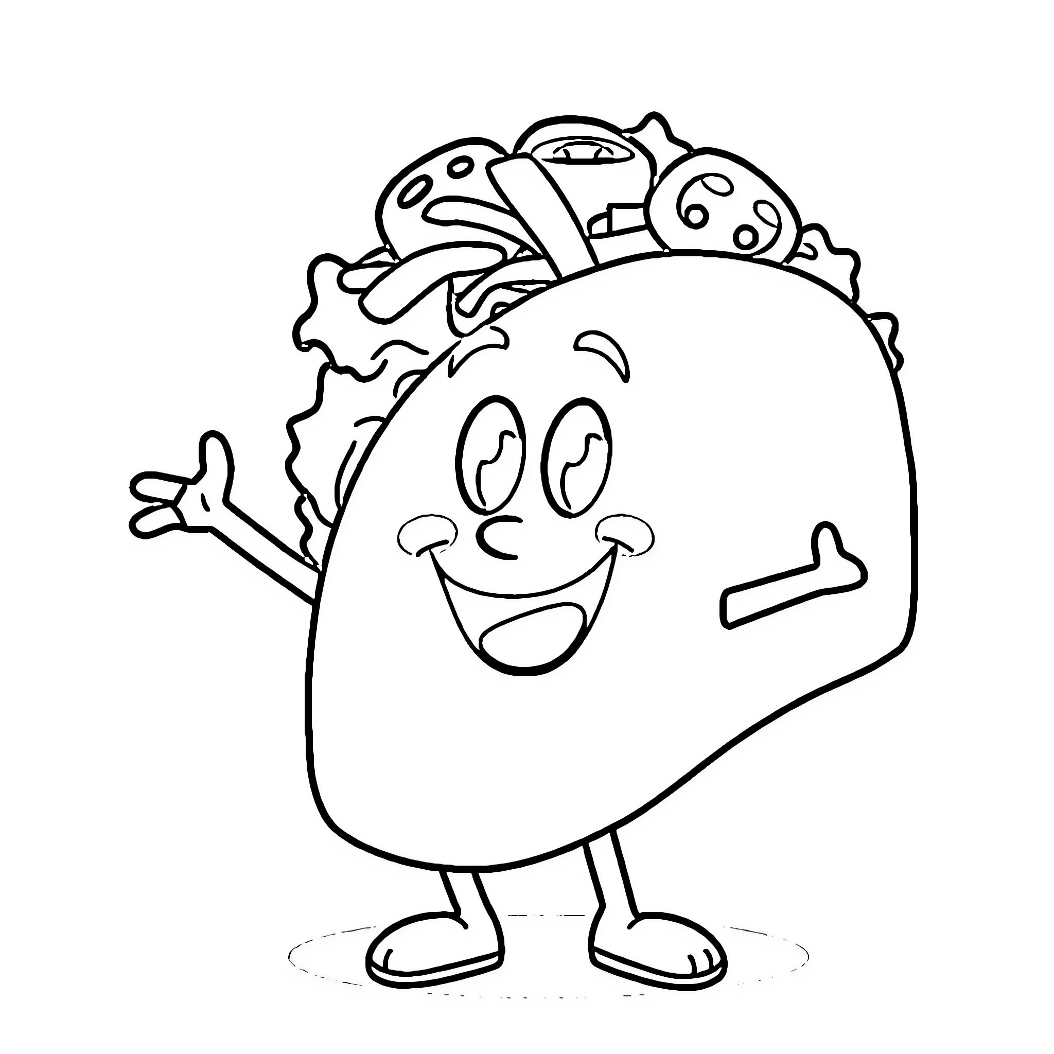 Taco character cheerfully expressing happiness Coloring Page (free black-and-white line drawing printable PDF for all, from beginners to advanced learners, including children, teens, adults, and seniors)