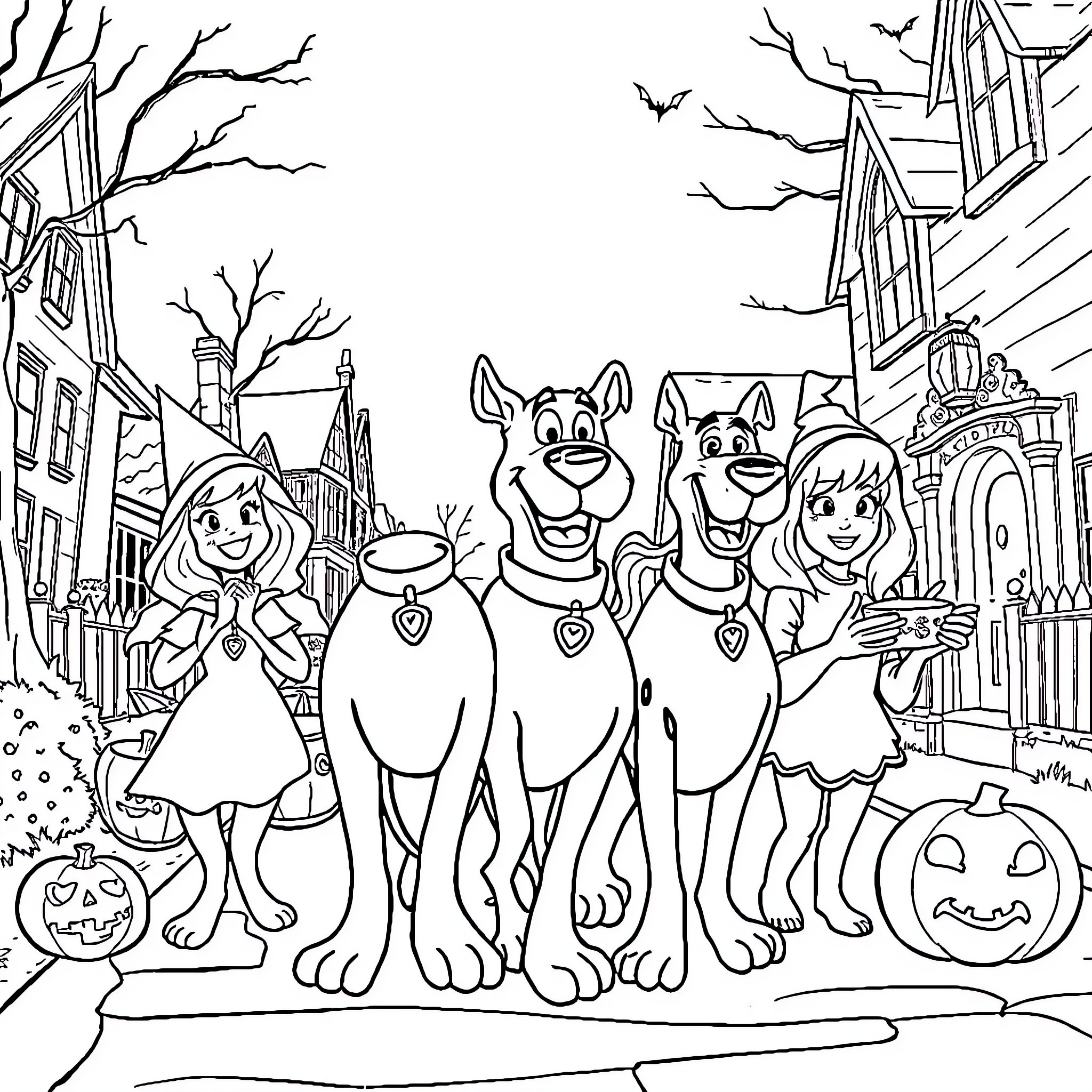Scooby Doo and friends explore a spooky Halloween town Coloring Page (free black-and-white line drawing printable PDF for all, from beginners to advanced learners, including children, teens, adults, and seniors)