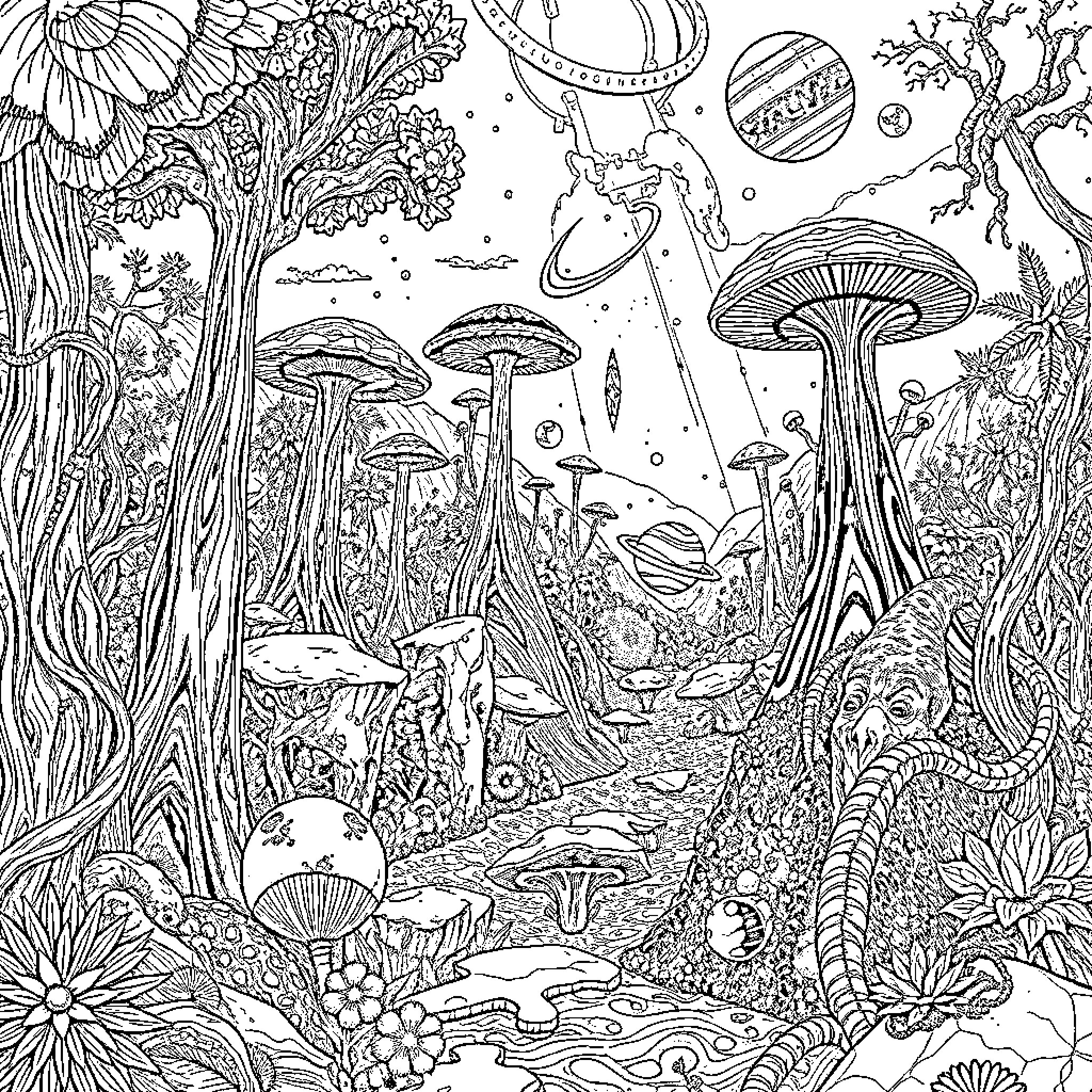 Alien Forest of Fantastical Mushrooms and Foliage Coloring Page (free black-and-white line drawing printable PDF for all, from beginners to advanced learners, including children, teens, adults, and seniors)
