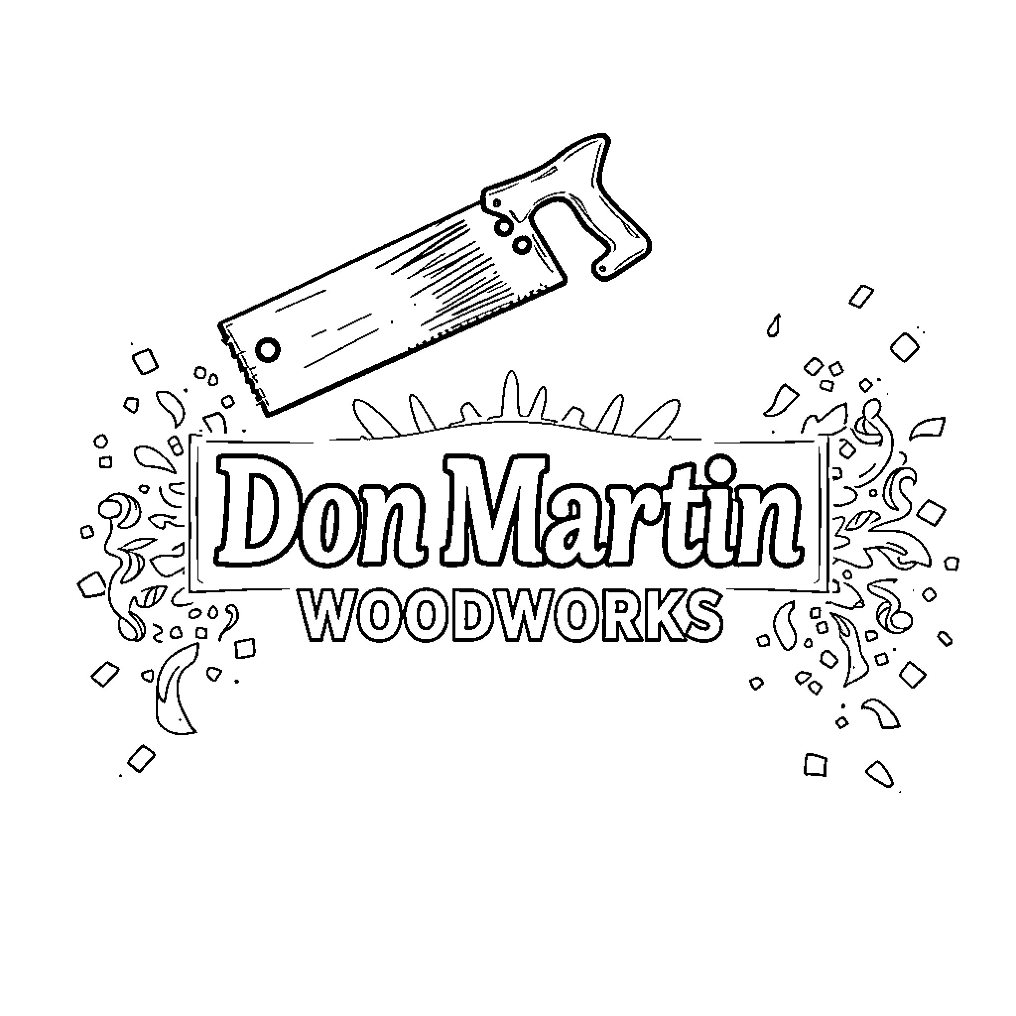 Woodwork with tools and company logo Coloring Page (free black-and-white line drawing printable PDF for all, from beginners to advanced learners, including children, teens, adults, and seniors)