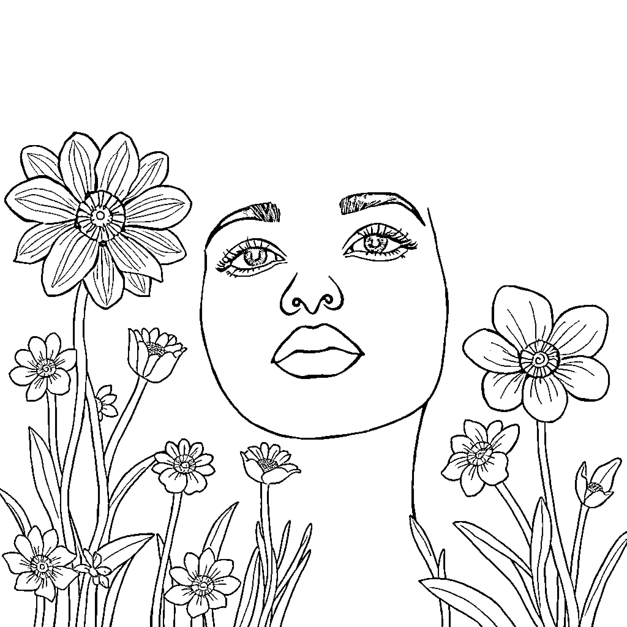 Popular Woman with Floral Surroundings Coloring Page (free black-and-white line drawing printable PDF for all, from beginners to advanced learners, including children, teens, adults, and seniors)