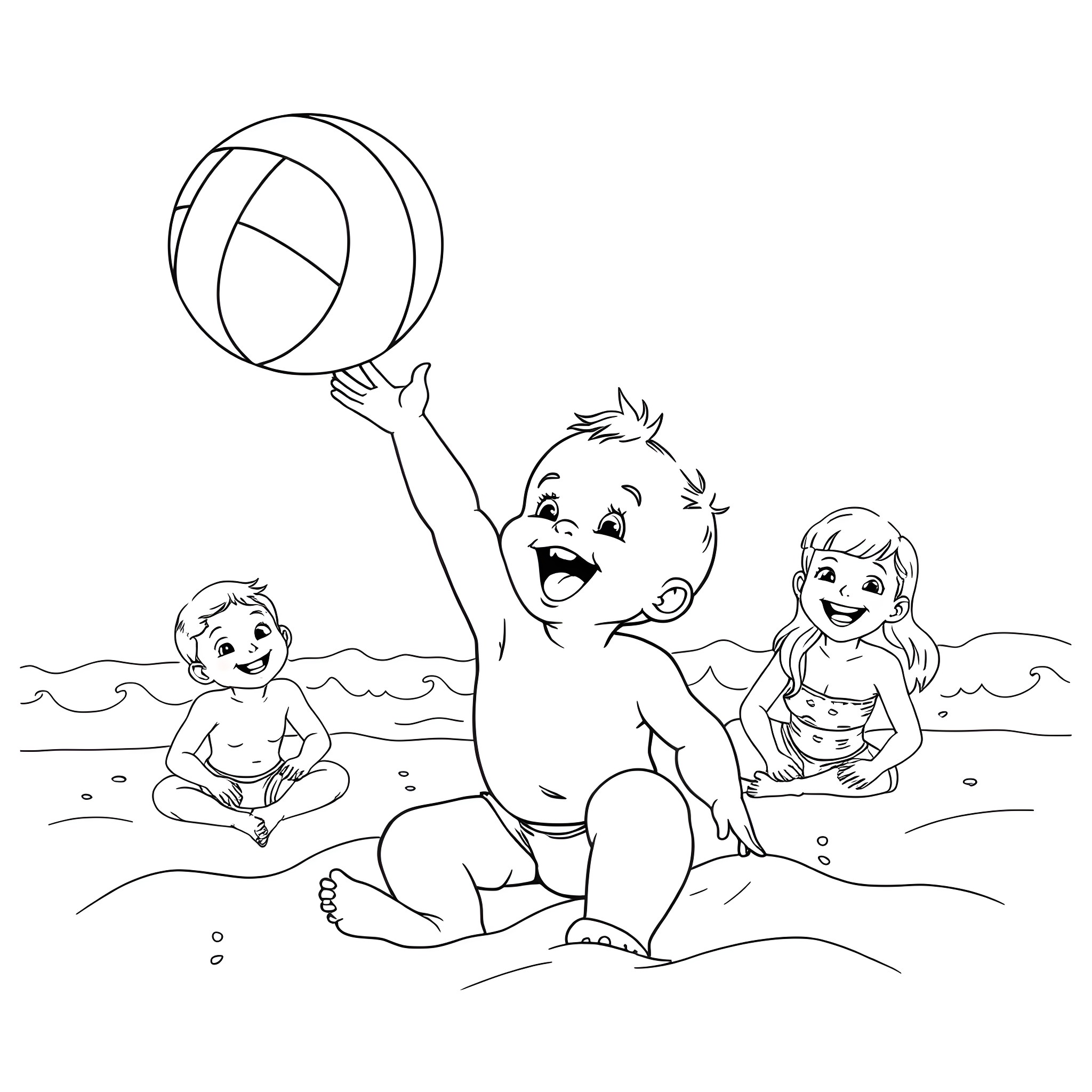Baby playing with beach ball in the ocean Coloring Page (free black-and-white line drawing printable PDF for all, from beginners to advanced learners, including children, teens, adults, and seniors)
