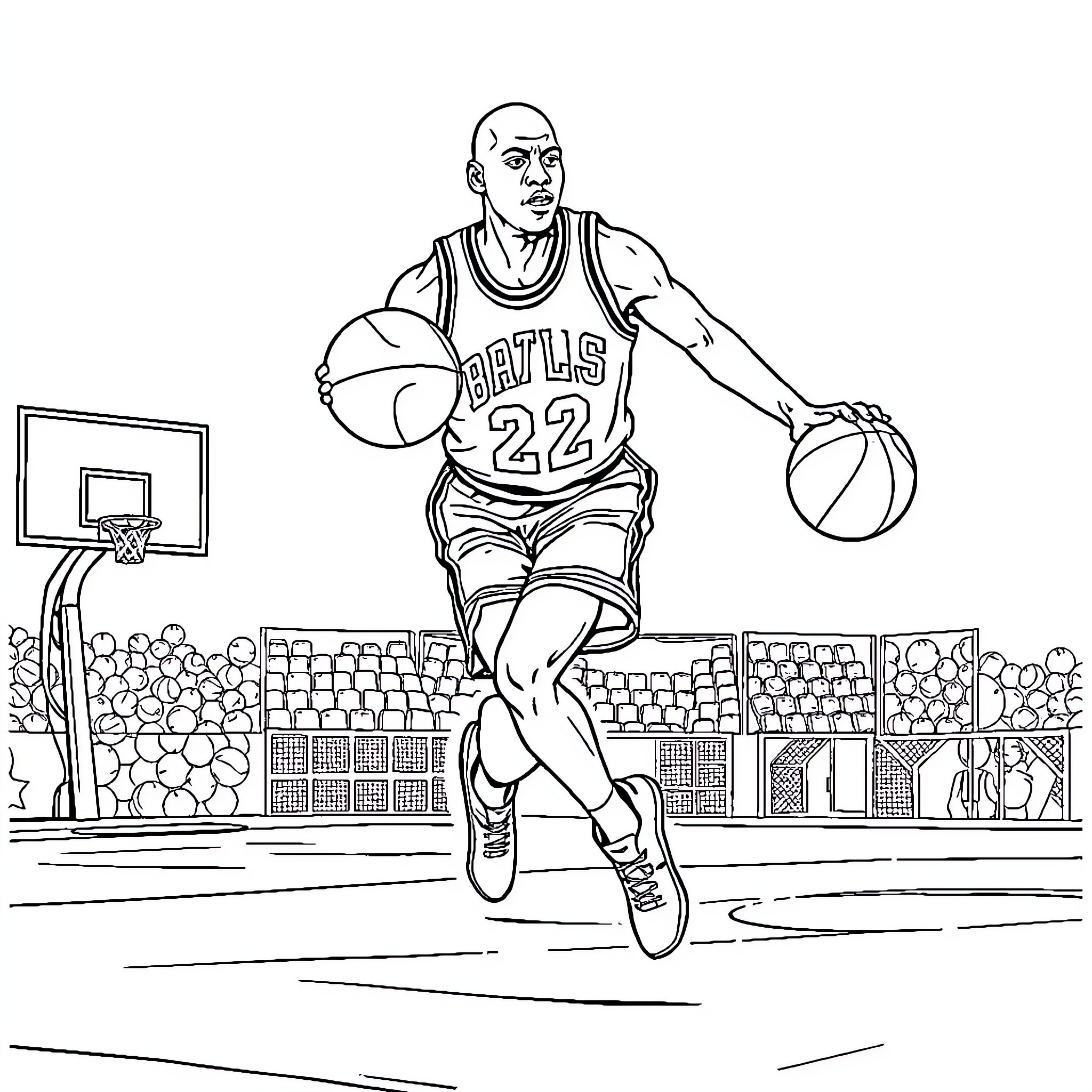 Michael Jordan dribbling basketball with athleticism on court Coloring Page (free black-and-white line drawing printable PDF for all, from beginners to advanced learners, including children, teens, adults, and seniors)