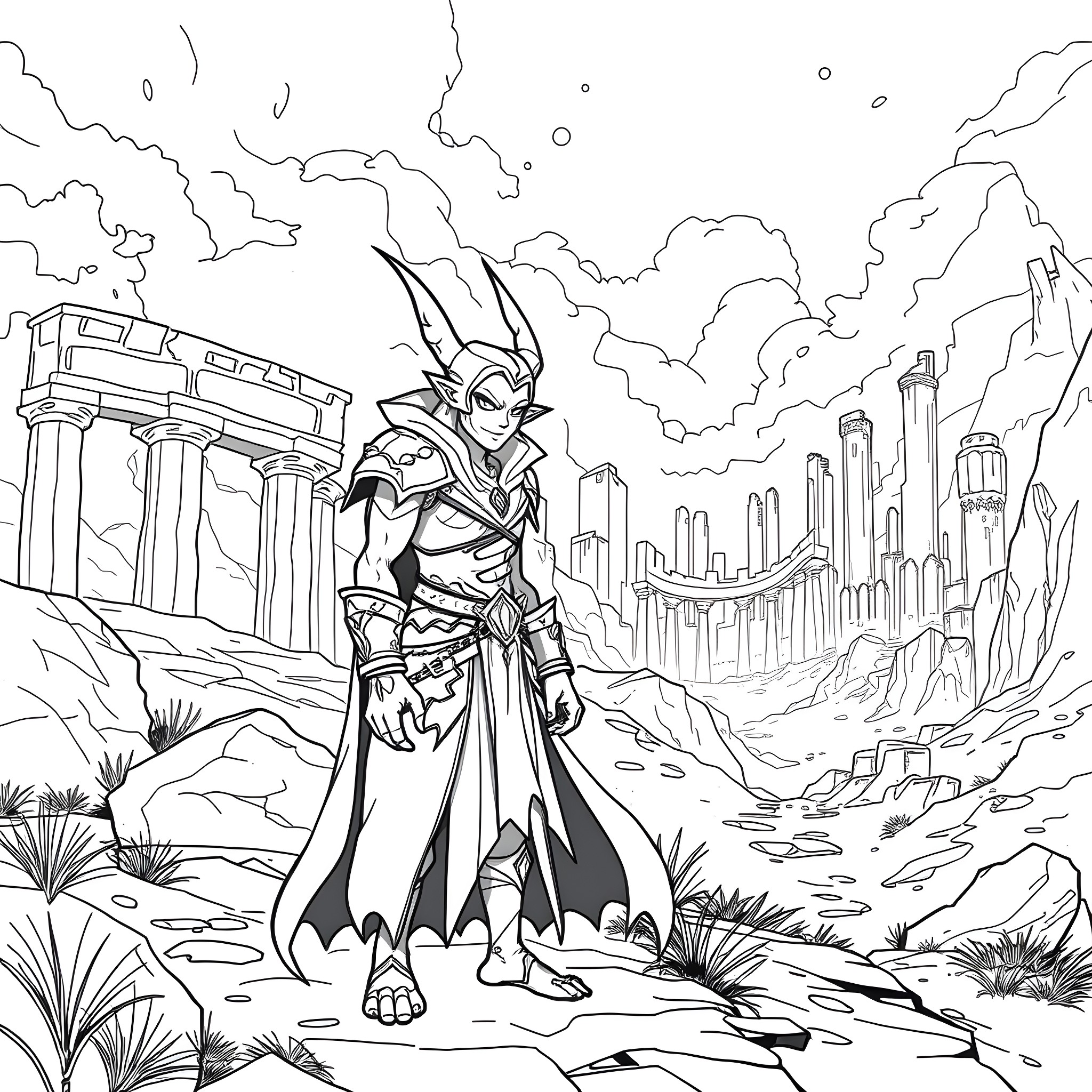 Taph: Warrior standing in a fantastical landscape Coloring Page (free black-and-white line drawing printable PDF for all, from beginners to advanced learners, including children, teens, adults, and seniors)