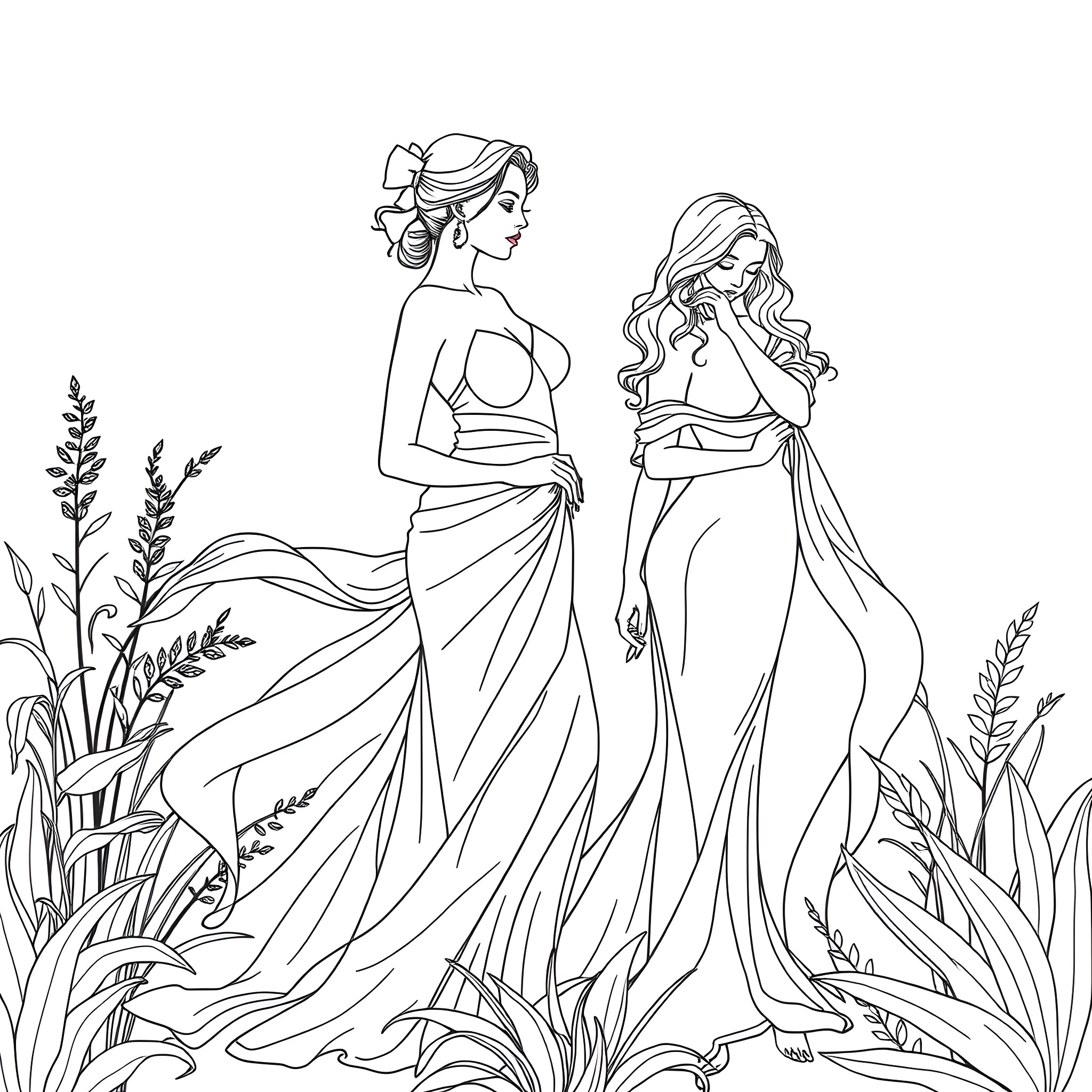 Women in flowing dresses admiring nature Coloring Page (free black-and-white line drawing printable PDF for all, from beginners to advanced learners, including children, teens, adults, and seniors)