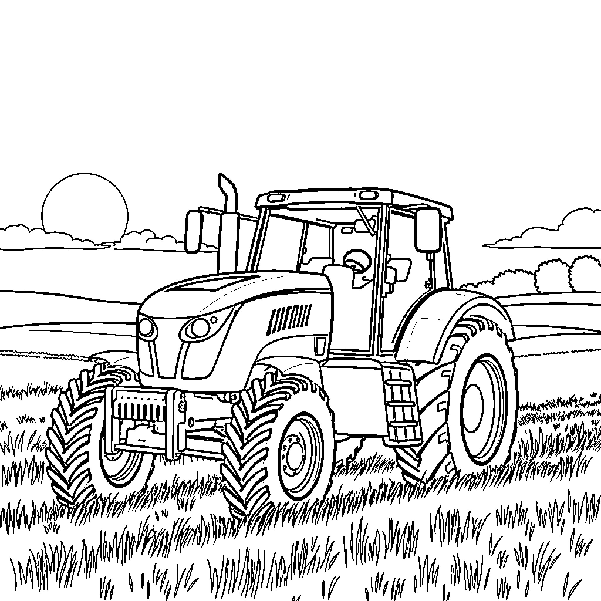 Tractor plowing through the countryside Coloring Page (free black-and-white line drawing printable PDF for all, from beginners to advanced learners, including children, teens, adults, and seniors)