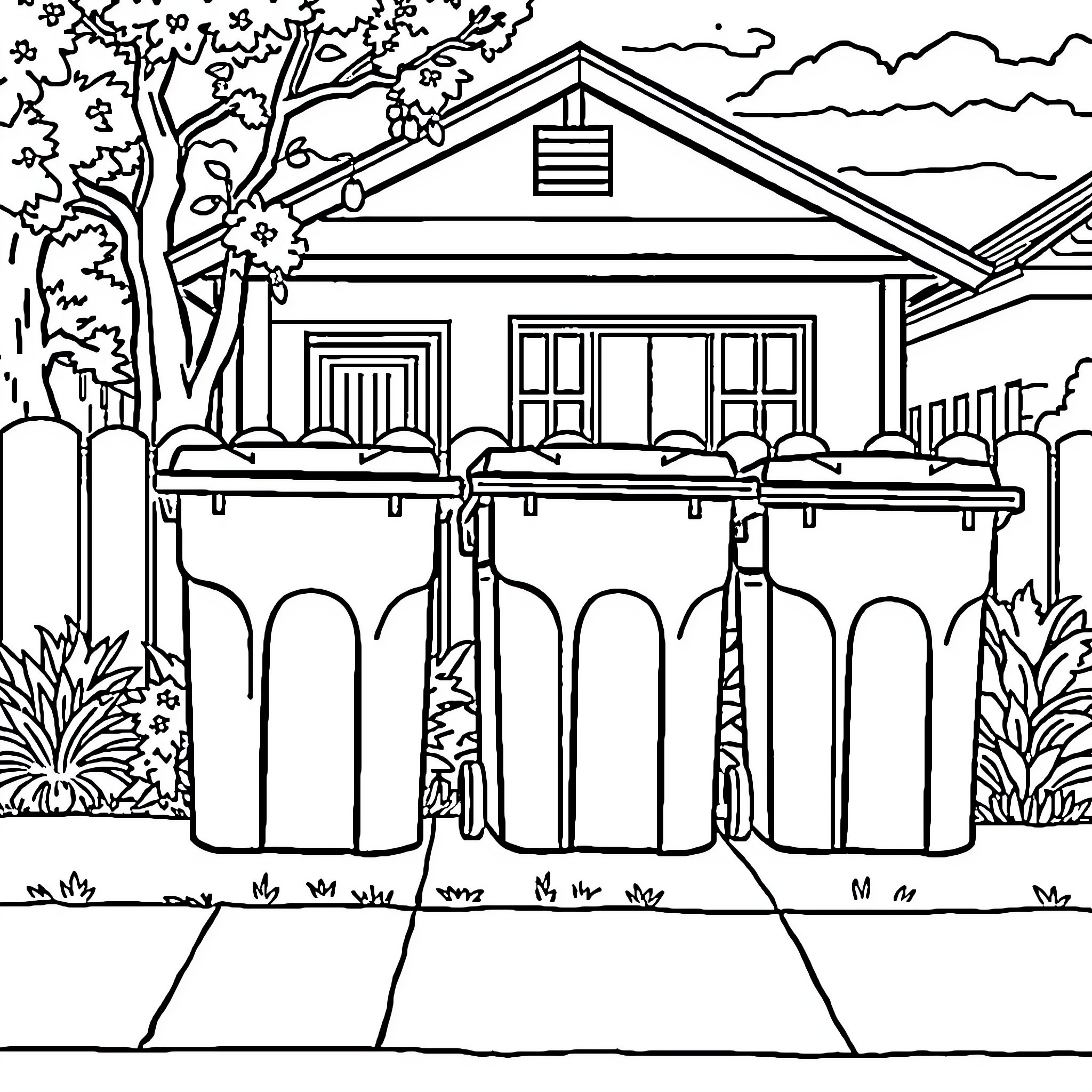Bin Day at the Country House Coloring Page (free black-and-white line drawing printable PDF for all, from beginners to advanced learners, including children, teens, adults, and seniors)