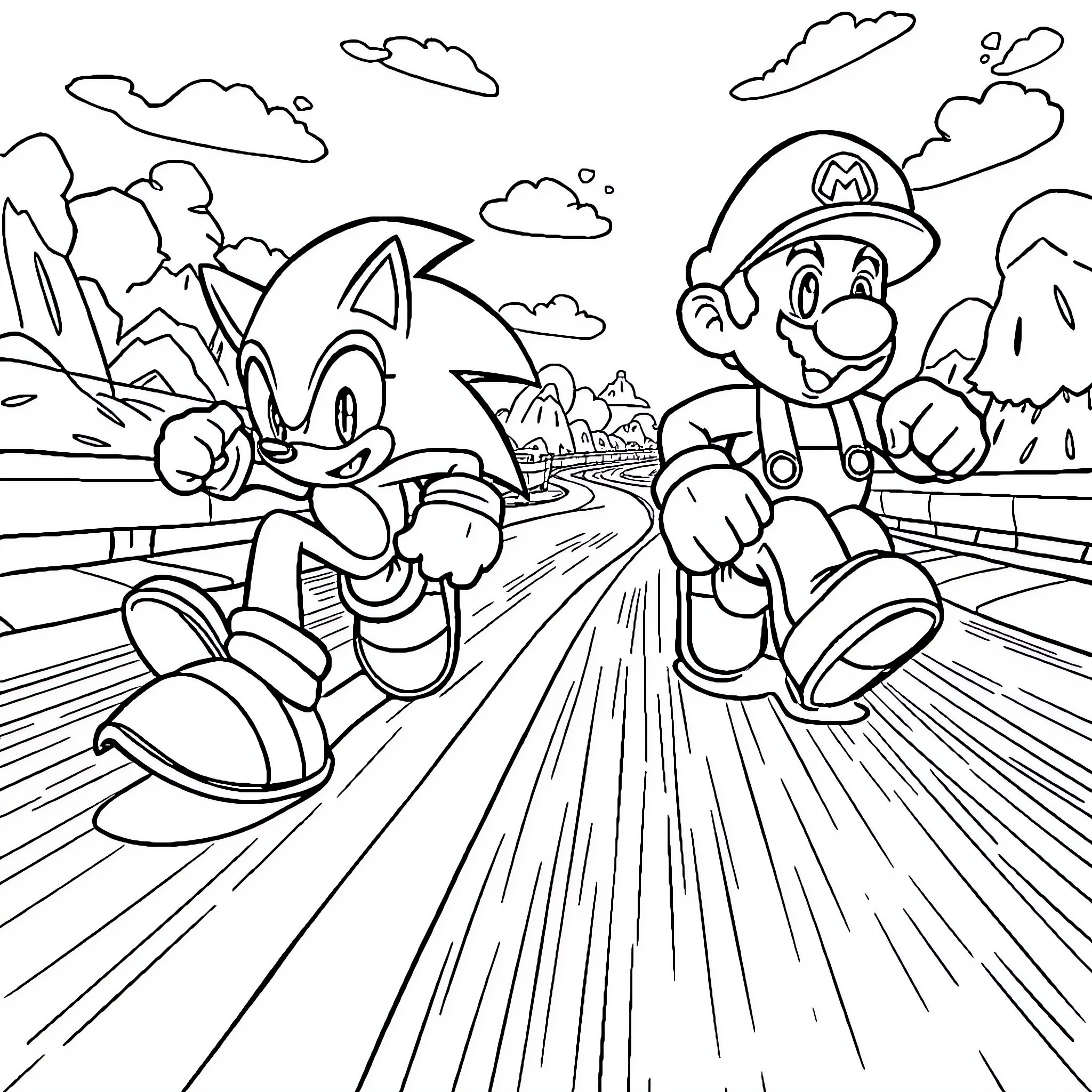 Sonic and Mario racing through a vibrant landscape Coloring Page (free black-and-white line drawing printable PDF for all, from beginners to advanced learners, including children, teens, adults, and seniors)