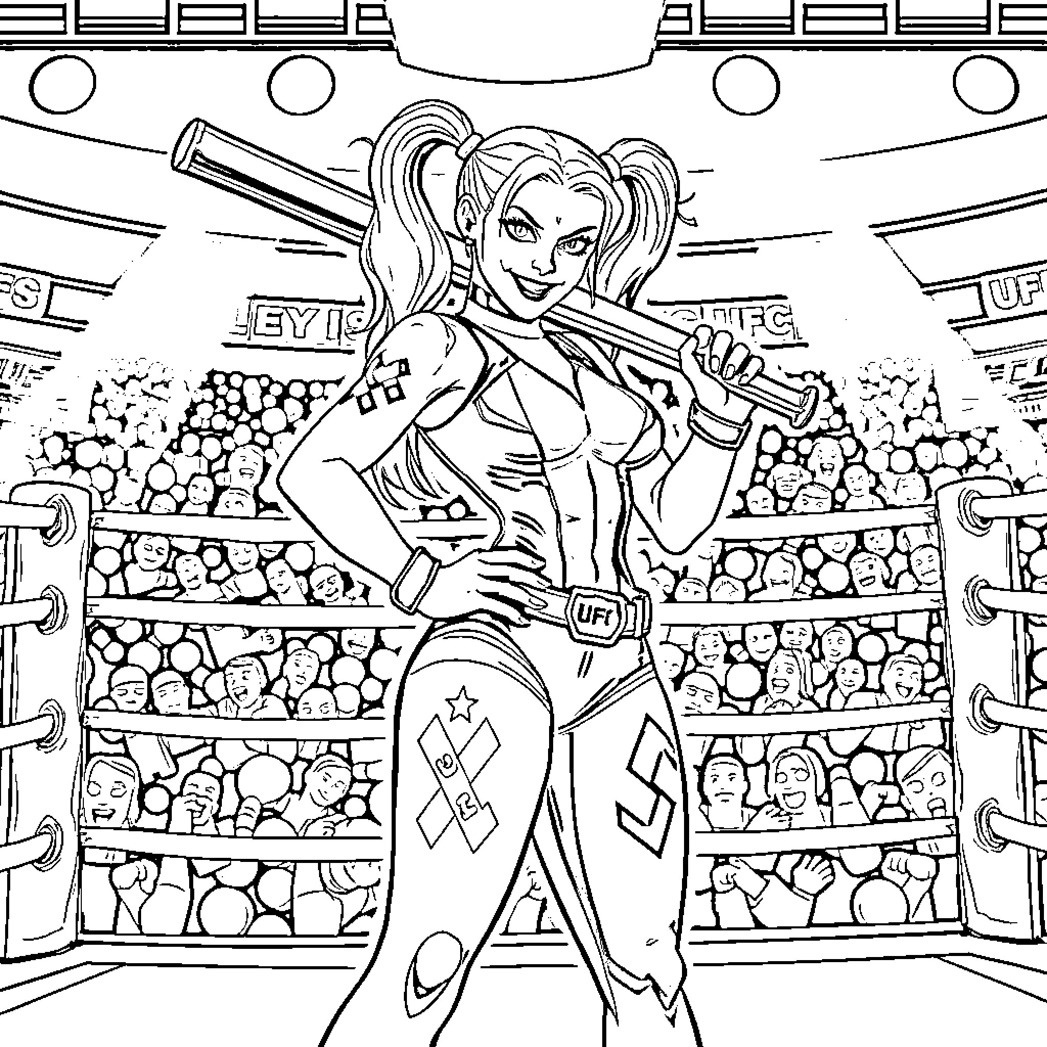 Harley Quinn Dominates the Wrestling Ring Coloring Page (free black-and-white line drawing printable PDF for all, from beginners to advanced learners, including children, teens, adults, and seniors)
