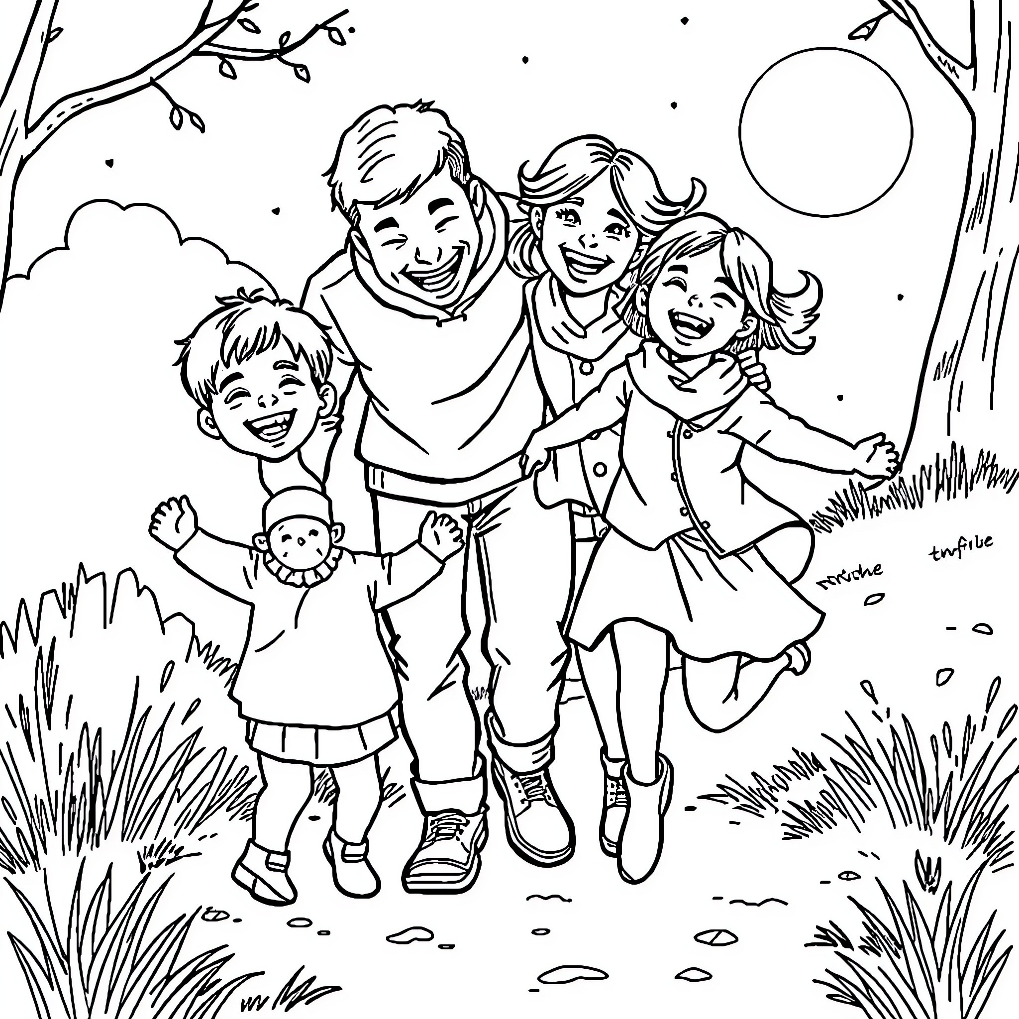 Family Enjoying an Outdoor Adventure Coloring Page (free black-and-white line drawing printable PDF for all, from beginners to advanced learners, including children, teens, adults, and seniors)