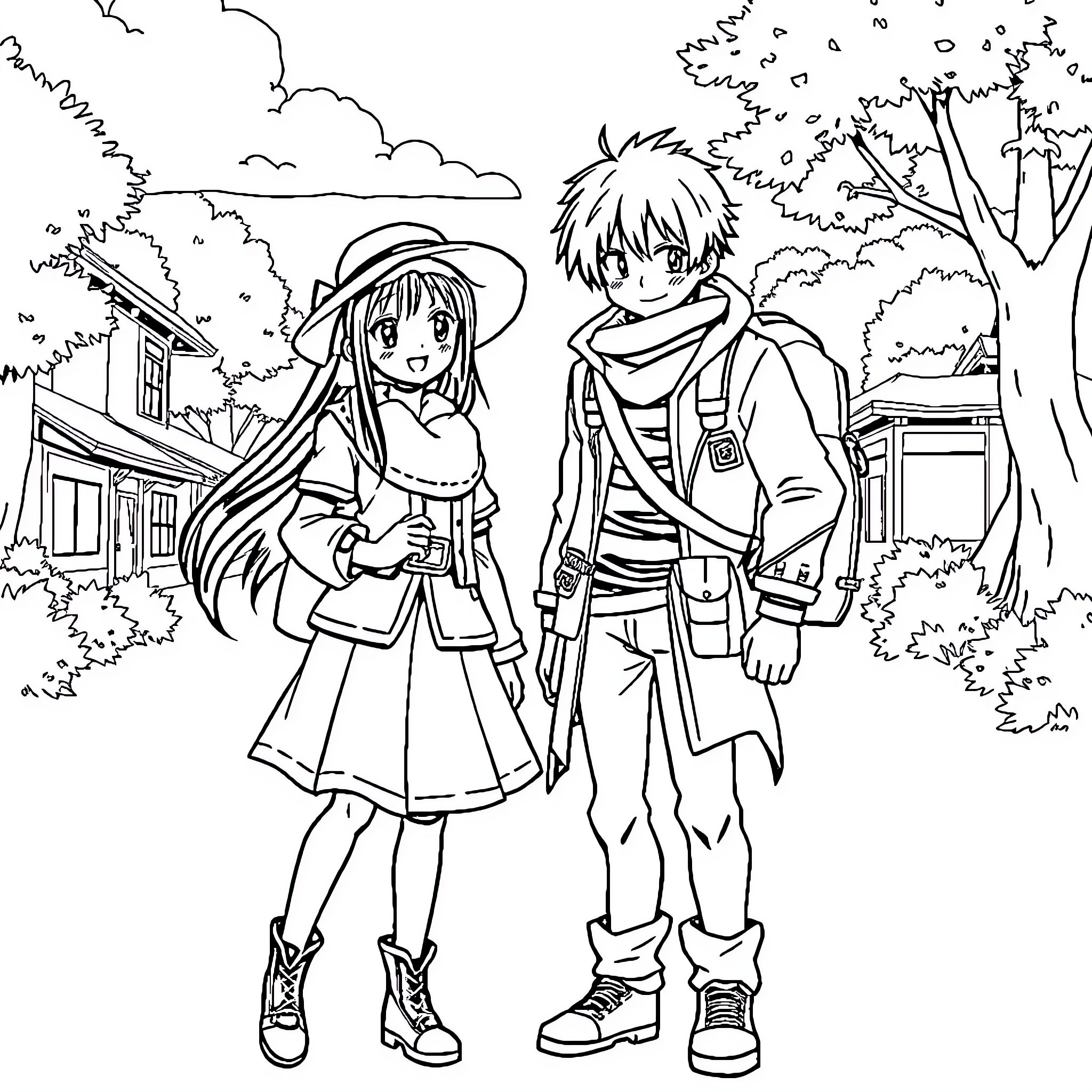 Mimi Tachikawa and her friend enjoying an outdoor adventure Coloring Page (free black-and-white line drawing printable PDF for all, from beginners to advanced learners, including children, teens, adults, and seniors)