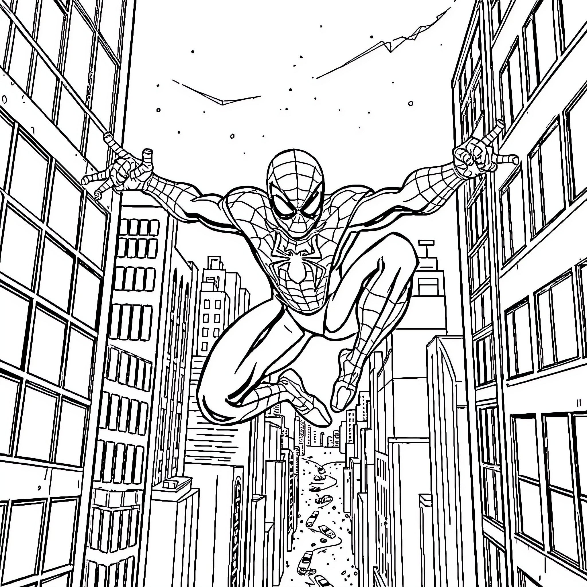 Spiderman swinging through the city streets Coloring Page (free black-and-white line drawing printable PDF for all, from beginners to advanced learners, including children, teens, adults, and seniors)