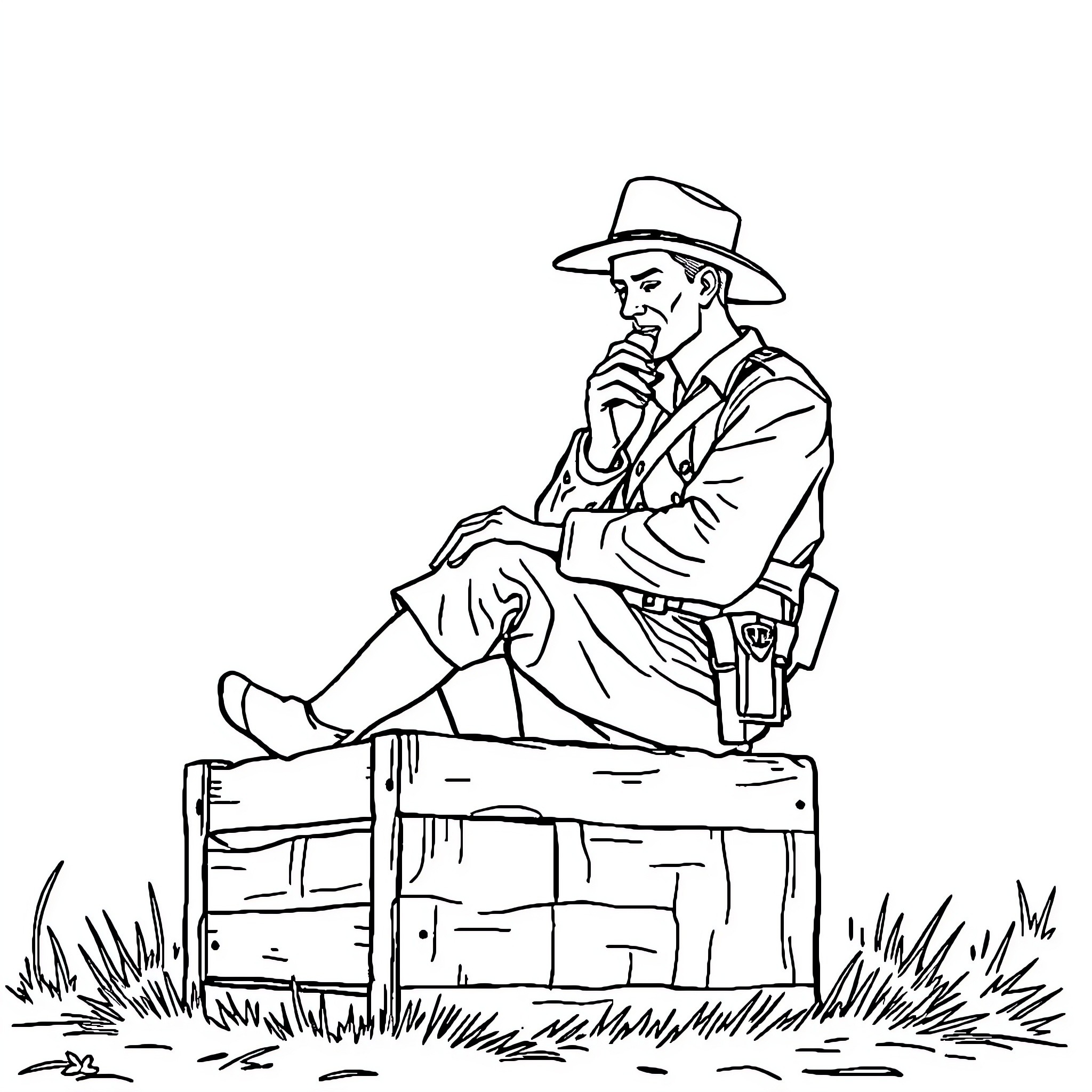 Soldier sitting pensively on wooden crate Coloring Page (free black-and-white line drawing printable PDF for all, from beginners to advanced learners, including children, teens, adults, and seniors)