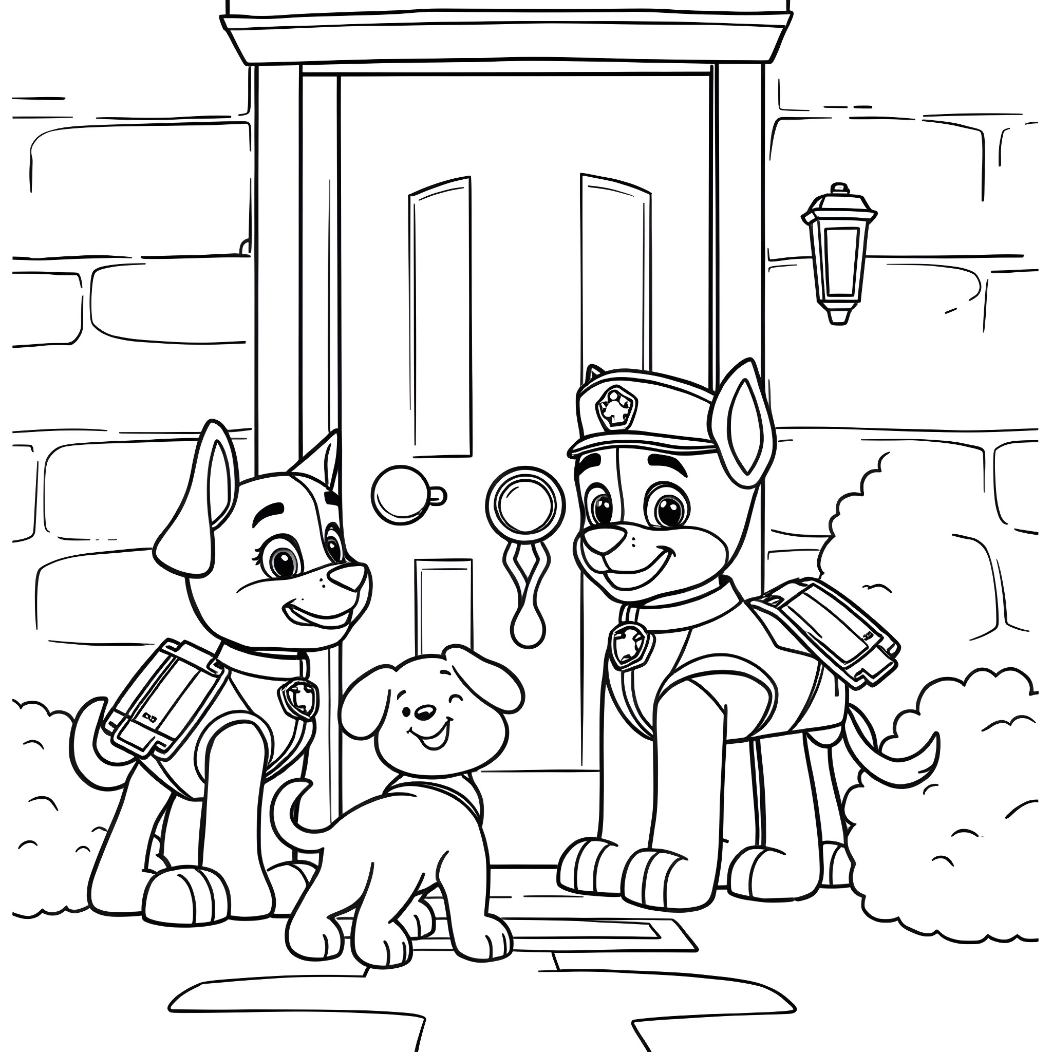 Paw Patrol characters in action poses near a building Coloring Page (free black-and-white line drawing printable PDF for all, from beginners to advanced learners, including children, teens, adults, and seniors)