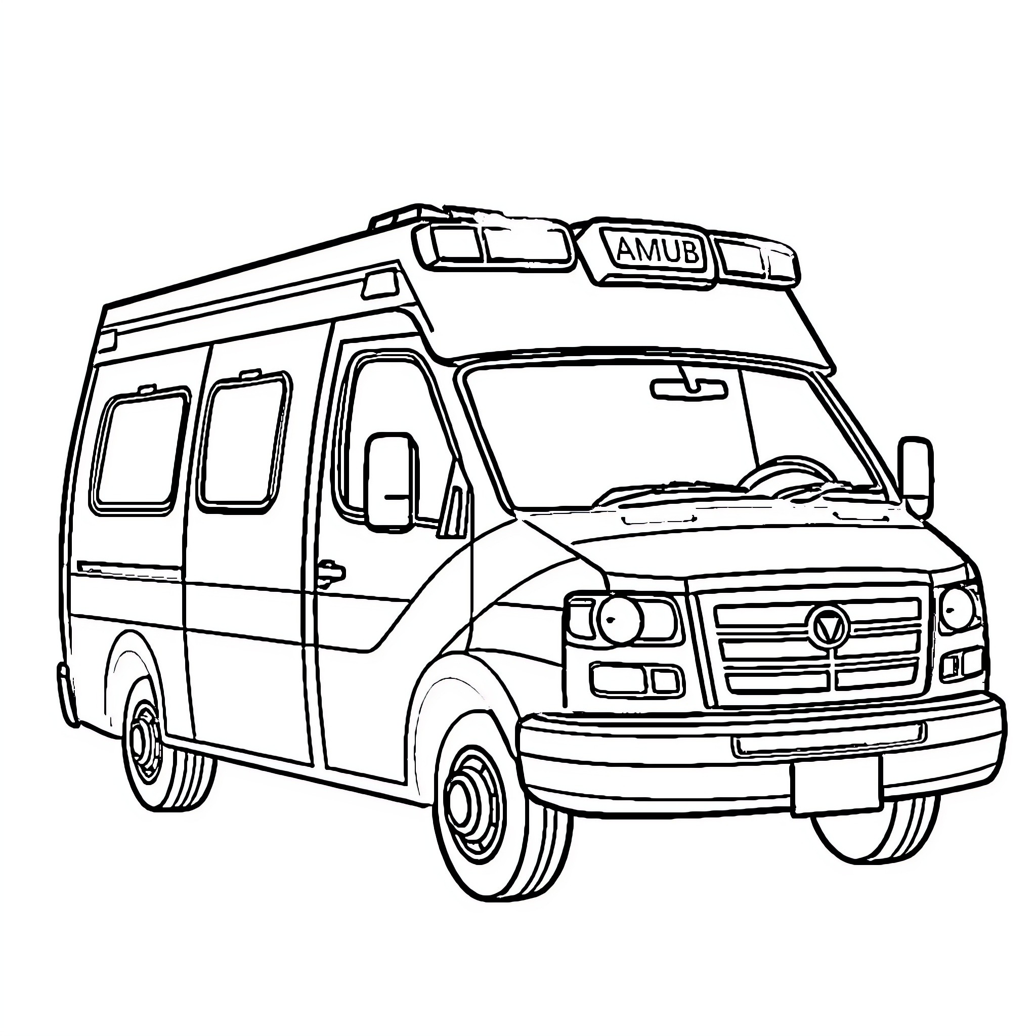 Ambulance vehicle with emergency lights and signage Coloring Page (free black-and-white line drawing printable PDF for all, from beginners to advanced learners, including children, teens, adults, and seniors)