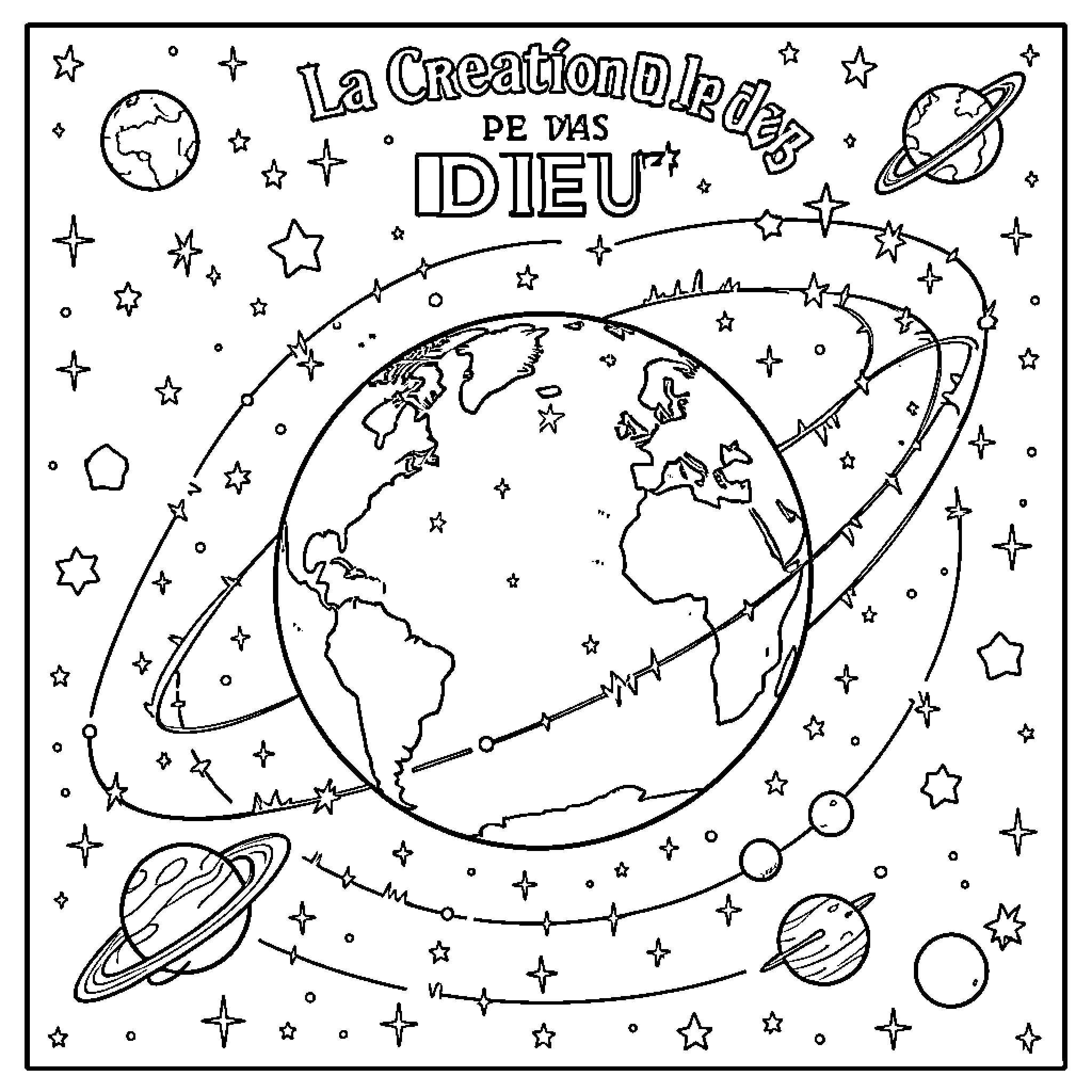 God creating the Earth and the vast universe Coloring Page (free black-and-white line drawing printable PDF for all, from beginners to advanced learners, including children, teens, adults, and seniors)