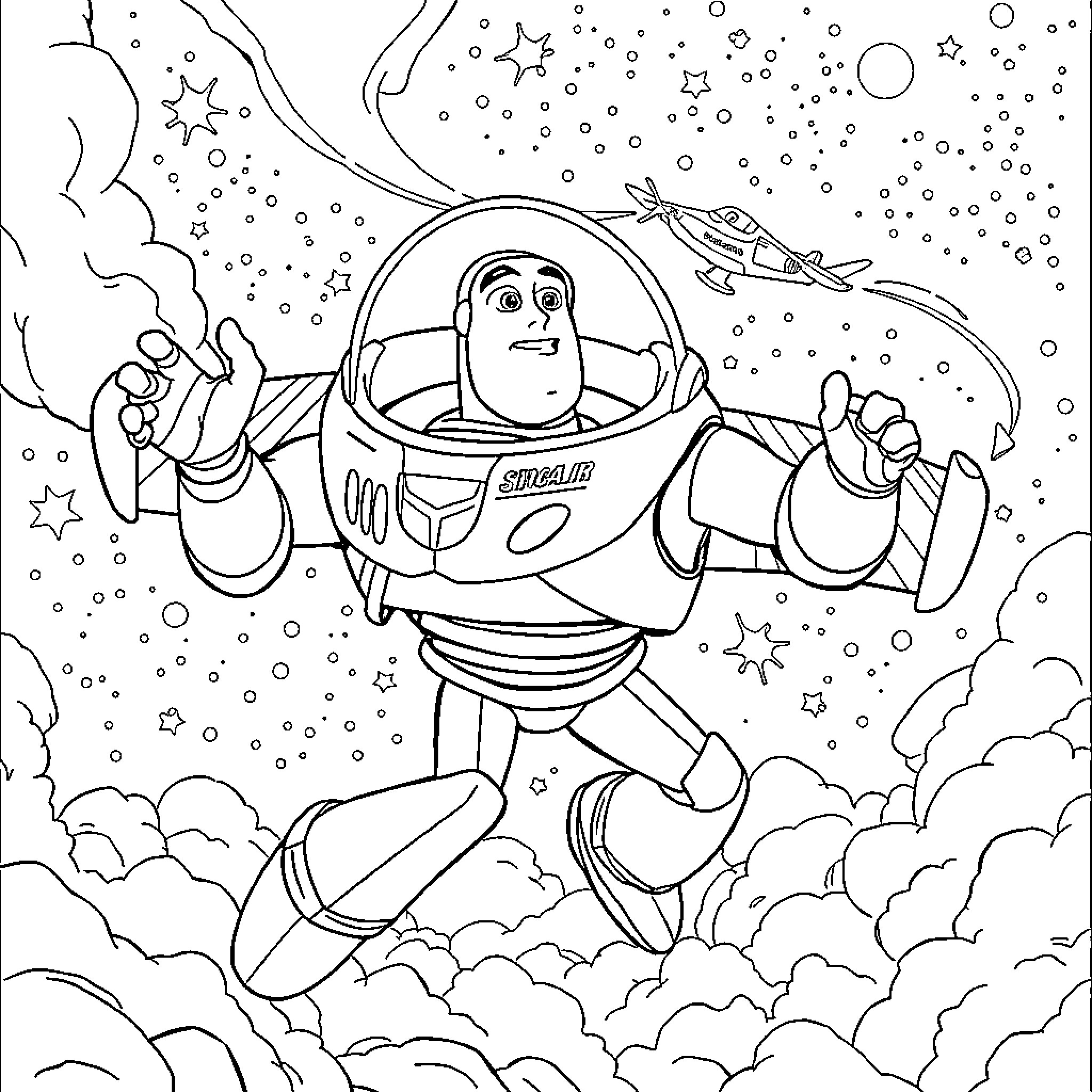 Buzz Lightyear explores the cosmic wonders Coloring Page (free black-and-white line drawing printable PDF for all, from beginners to advanced learners, including children, teens, adults, and seniors)