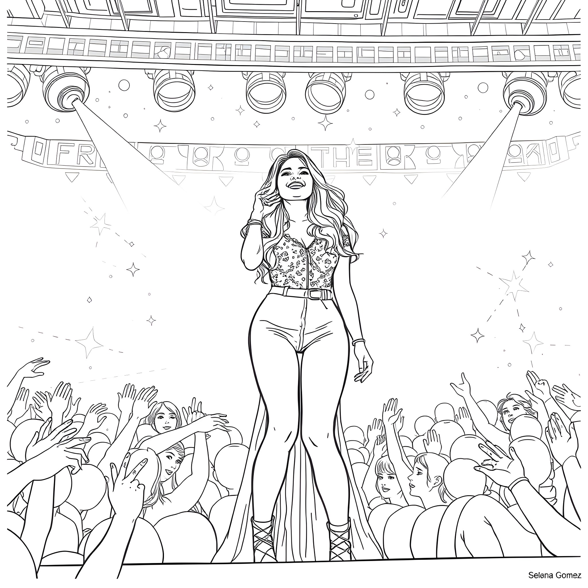 Selena Gomez Performs on Stage with Crowd Coloring Page (free black-and-white line drawing printable PDF for all, from beginners to advanced learners, including children, teens, adults, and seniors)