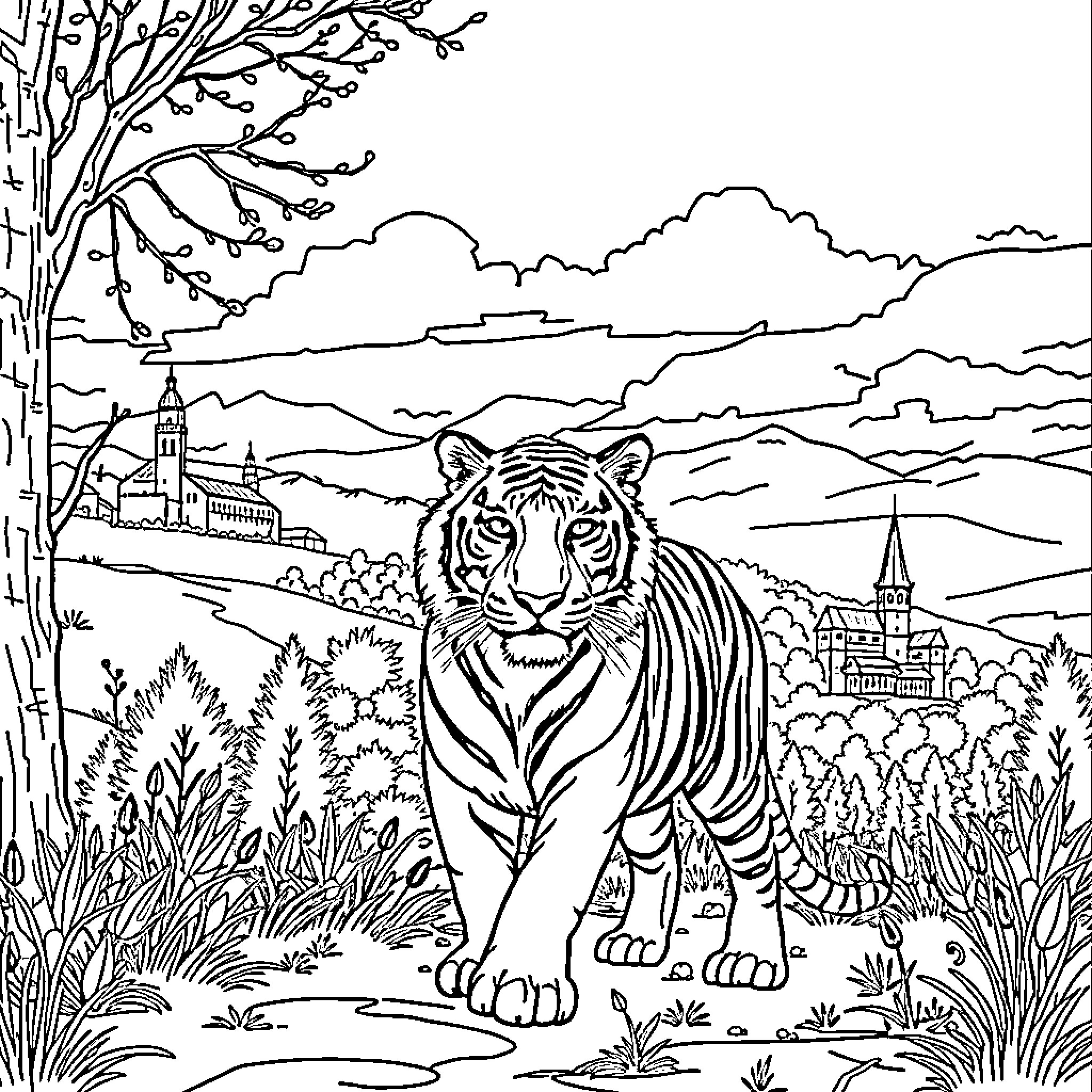 Tigre in the Countryside Coloring Page (free black-and-white line drawing printable PDF for all, from beginners to advanced learners, including children, teens, adults, and seniors)