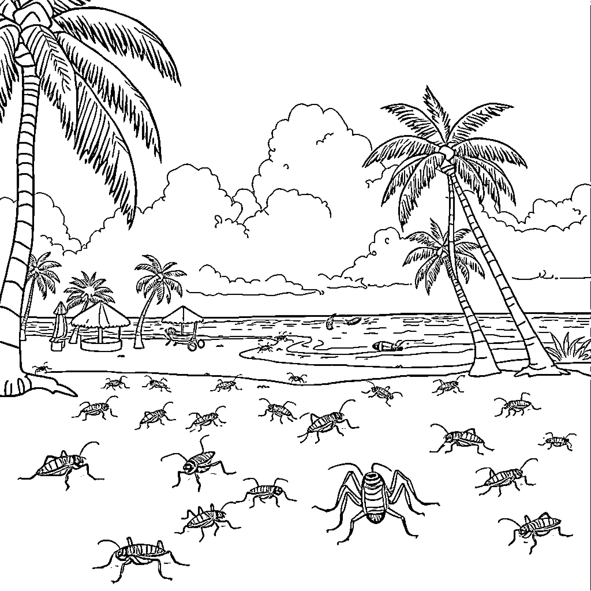 Island with palm trees and tropical wildlife Coloring Page (free black-and-white line drawing printable PDF for all, from beginners to advanced learners, including children, teens, adults, and seniors)