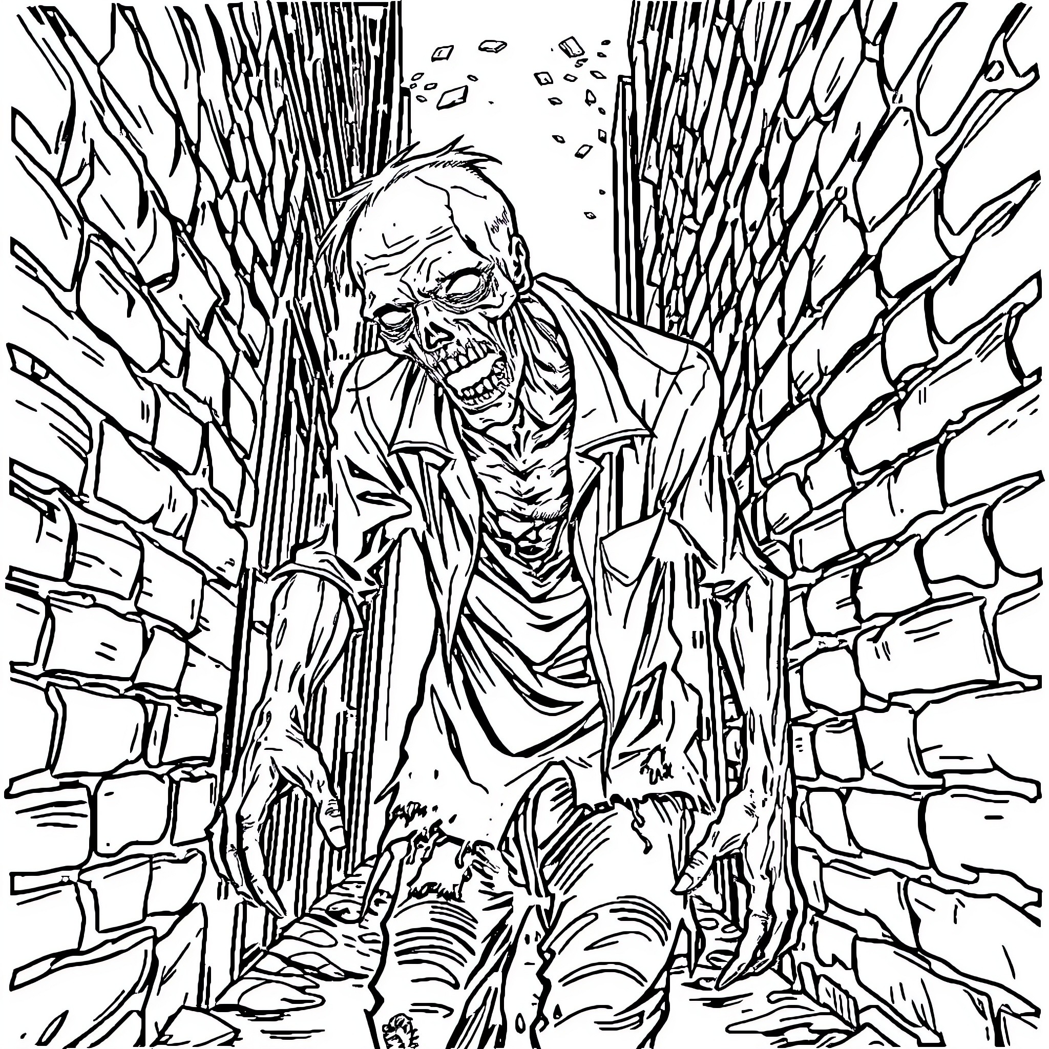 Zombie creature emerging from a dark alley Coloring Page (free black-and-white line drawing printable PDF for all, from beginners to advanced learners, including children, teens, adults, and seniors)