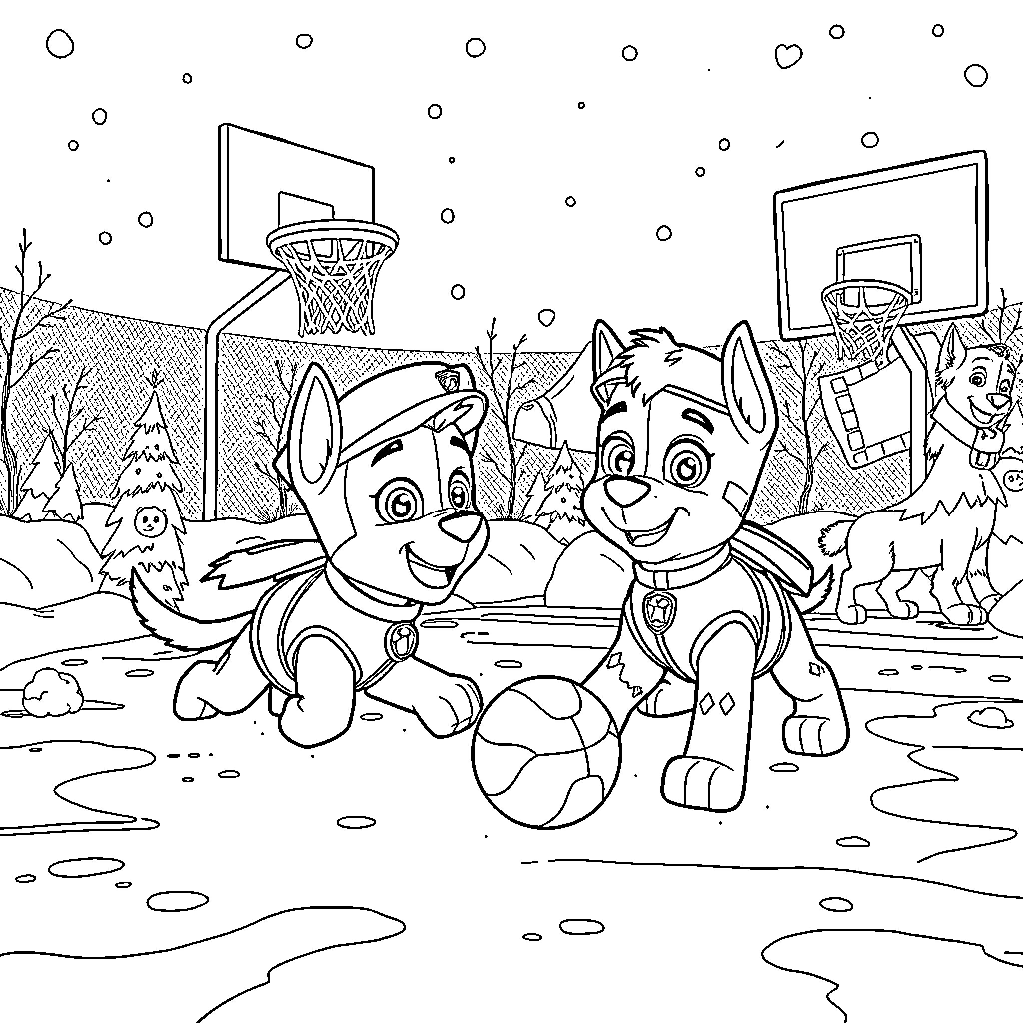 Paw Patrol Pups Playing Basketball in Snowy Park Coloring Page (free black-and-white line drawing printable PDF for all, from beginners to advanced learners, including children, teens, adults, and seniors)