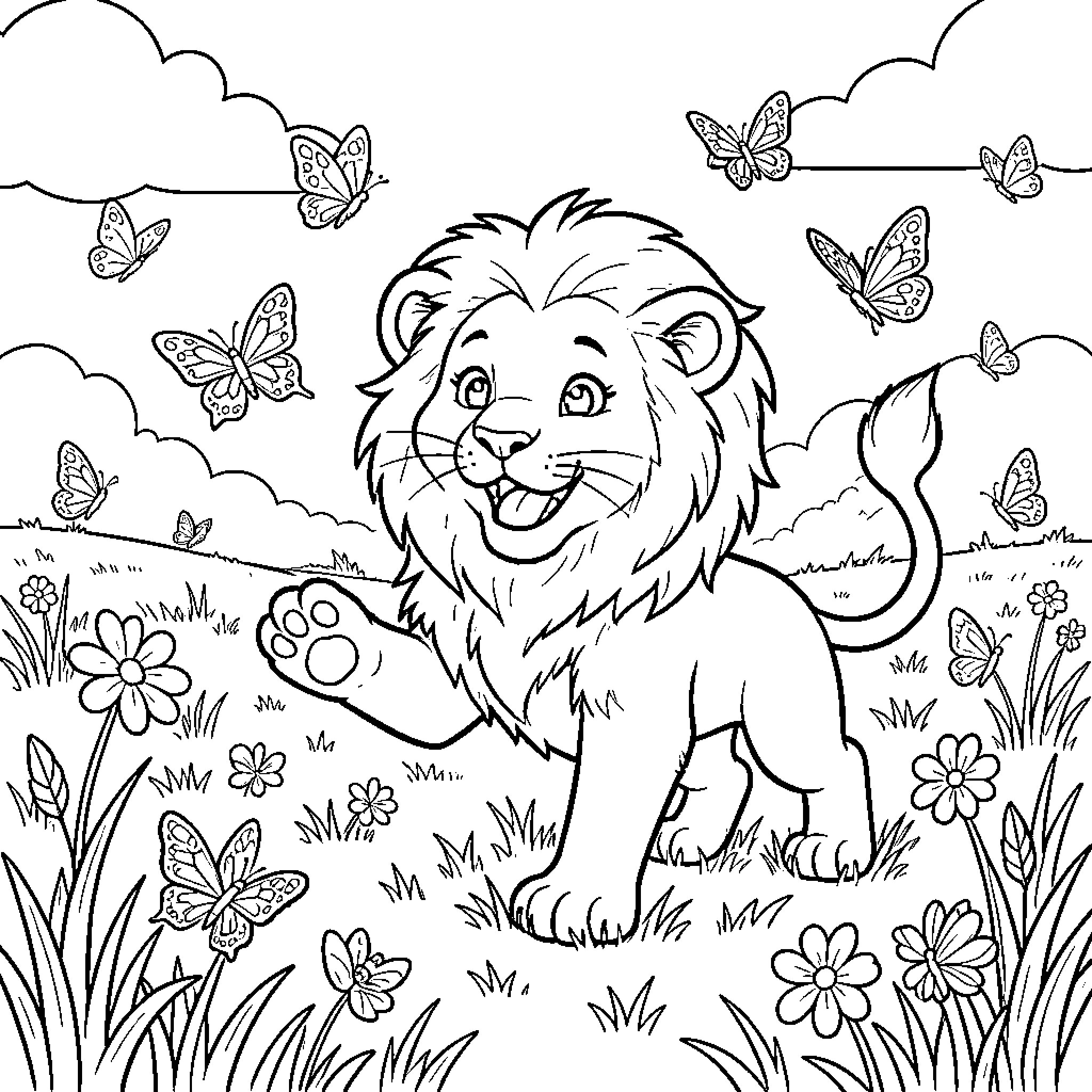 Lion surrounded by butterflies and flowers in meadow Coloring Page (free black-and-white line drawing printable PDF for all, from beginners to advanced learners, including children, teens, adults, and seniors)