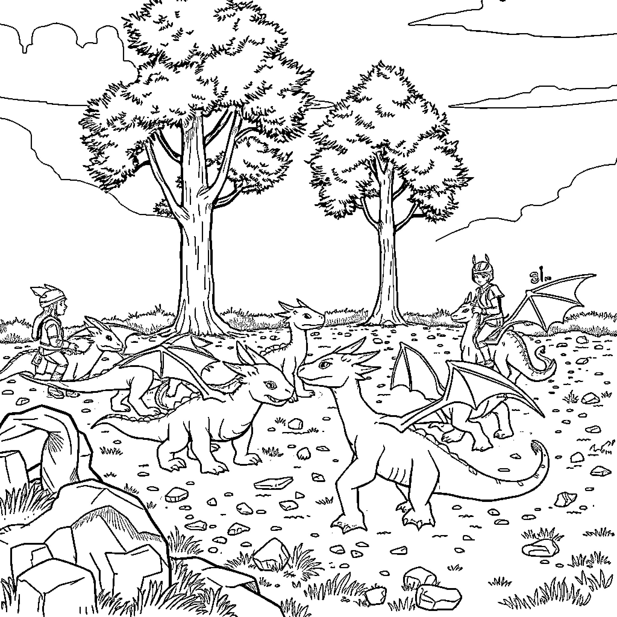 Dragon knights exploring the enchanted forest Coloring Page (free black-and-white line drawing printable PDF for all, from beginners to advanced learners, including children, teens, adults, and seniors)