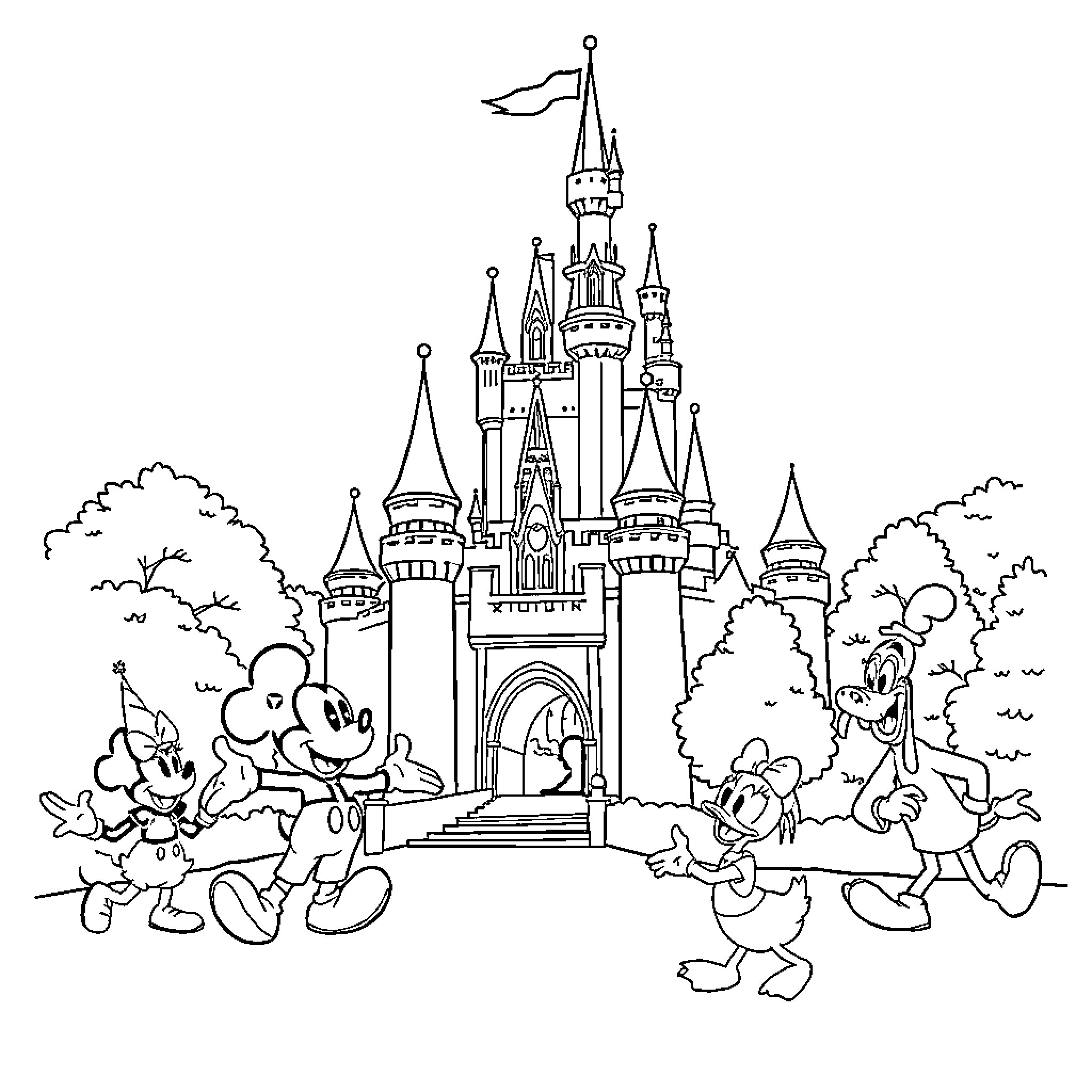 Disney Castle with Lively Disney Characters Coloring Page (free black-and-white line drawing printable PDF for all, from beginners to advanced learners, including children, teens, adults, and seniors)