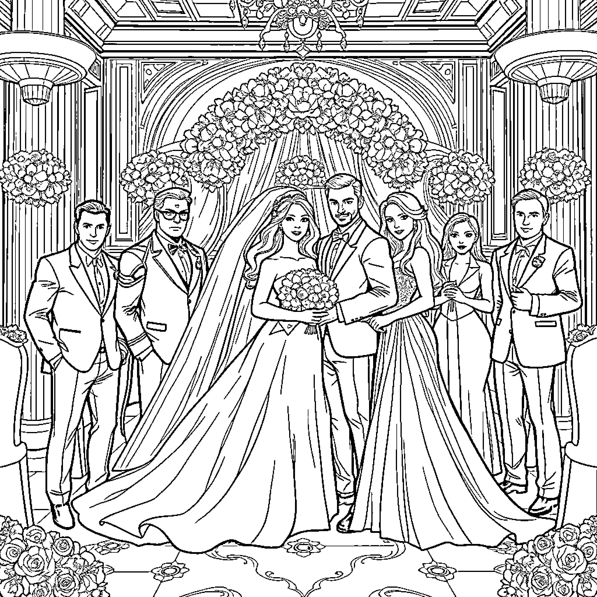 Avenger's Fairytale Wedding Celebration Coloring Page (free black-and-white line drawing printable PDF for all, from beginners to advanced learners, including children, teens, adults, and seniors)