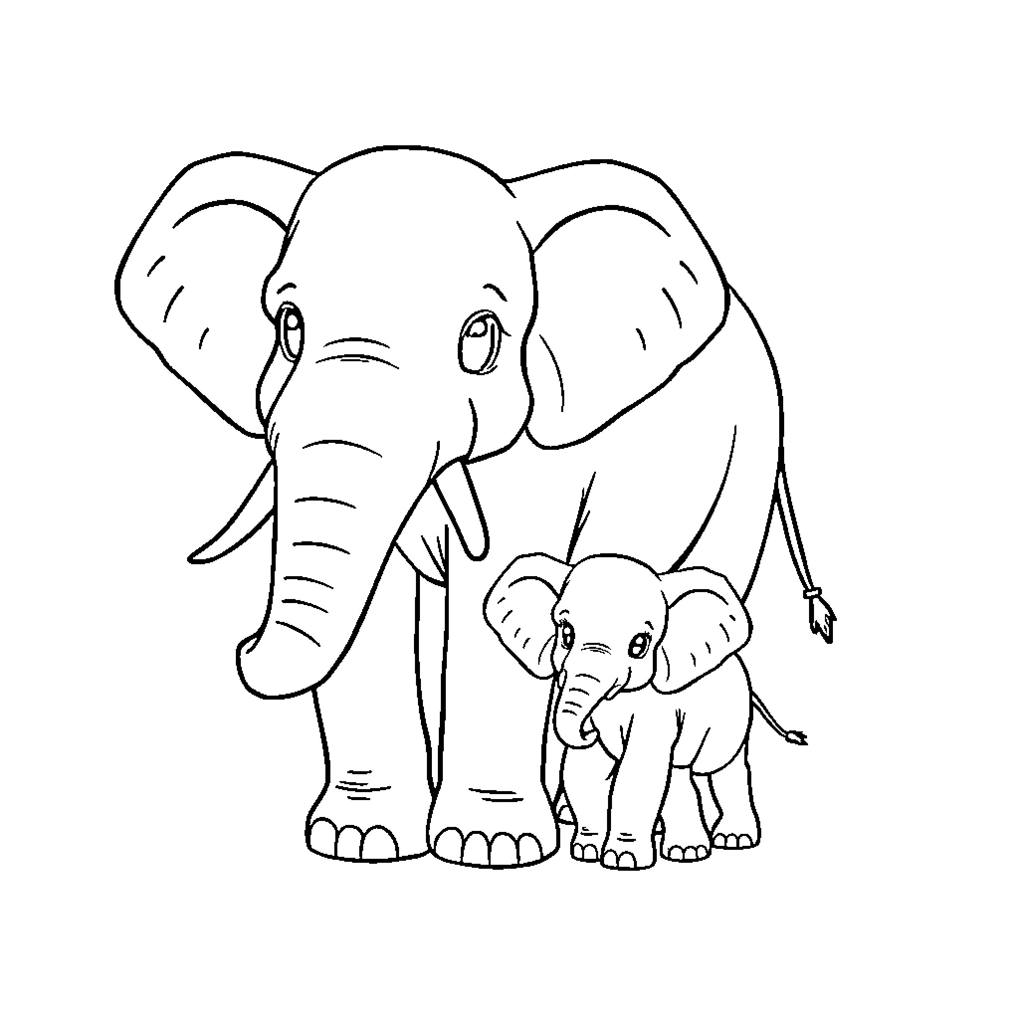 Elephant and its baby in a simple outline drawing Coloring Page (free black-and-white line drawing printable PDF for all, from beginners to advanced learners, including children, teens, adults, and seniors)