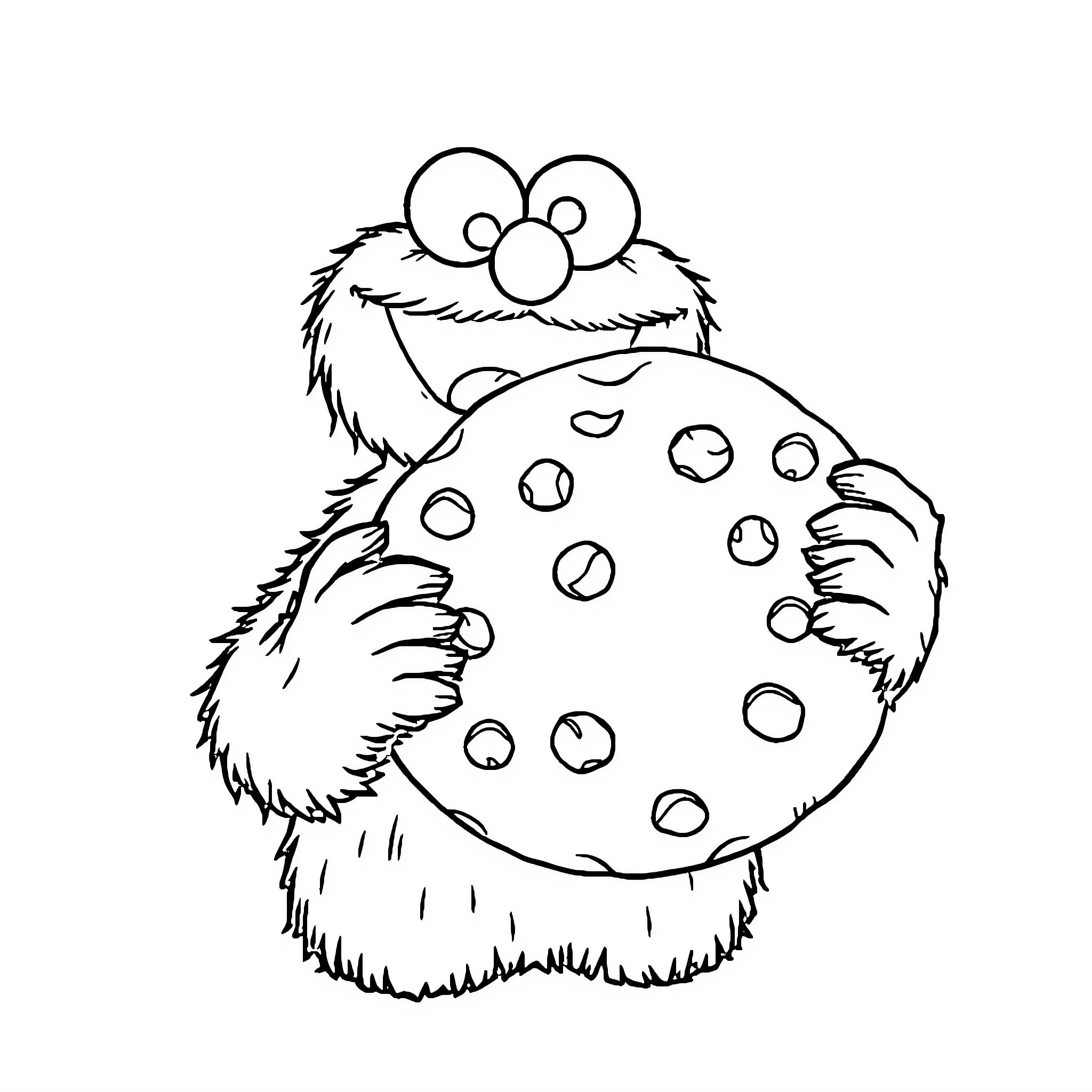 Cookie Monster Eating a Giant Cookie Coloring Page (free black-and-white line drawing printable PDF for all, from beginners to advanced learners, including children, teens, adults, and seniors)