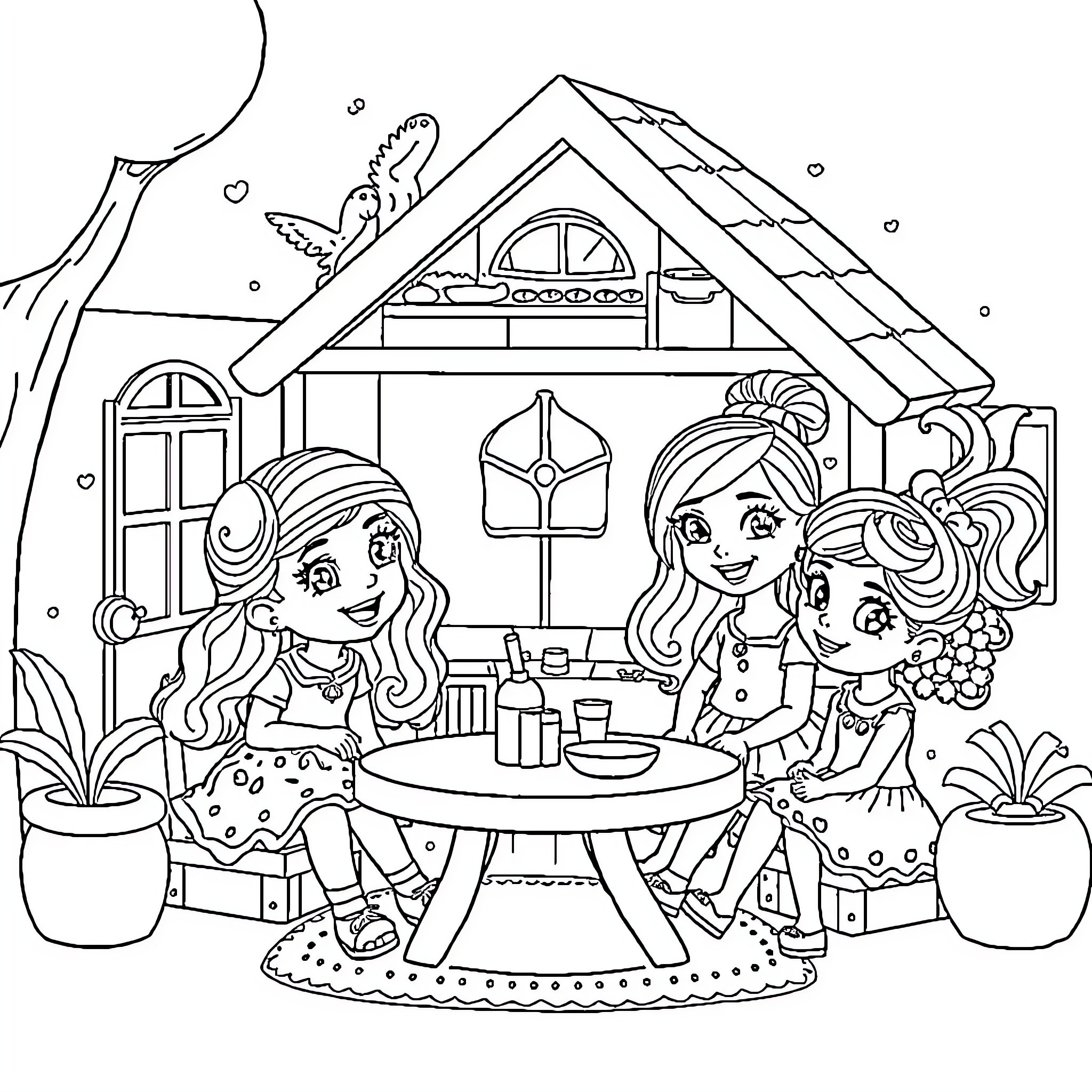 Gabby and friends enjoying a cozy cabin gathering Coloring Page (free black-and-white line drawing printable PDF for all, from beginners to advanced learners, including children, teens, adults, and seniors)