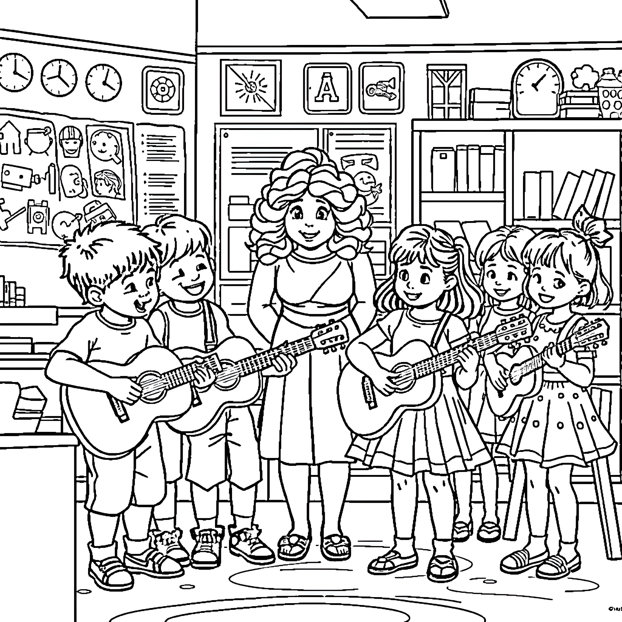 Child musicians performing in the classroom Coloring Page (free black-and-white line drawing printable PDF for all, from beginners to advanced learners, including children, teens, adults, and seniors)