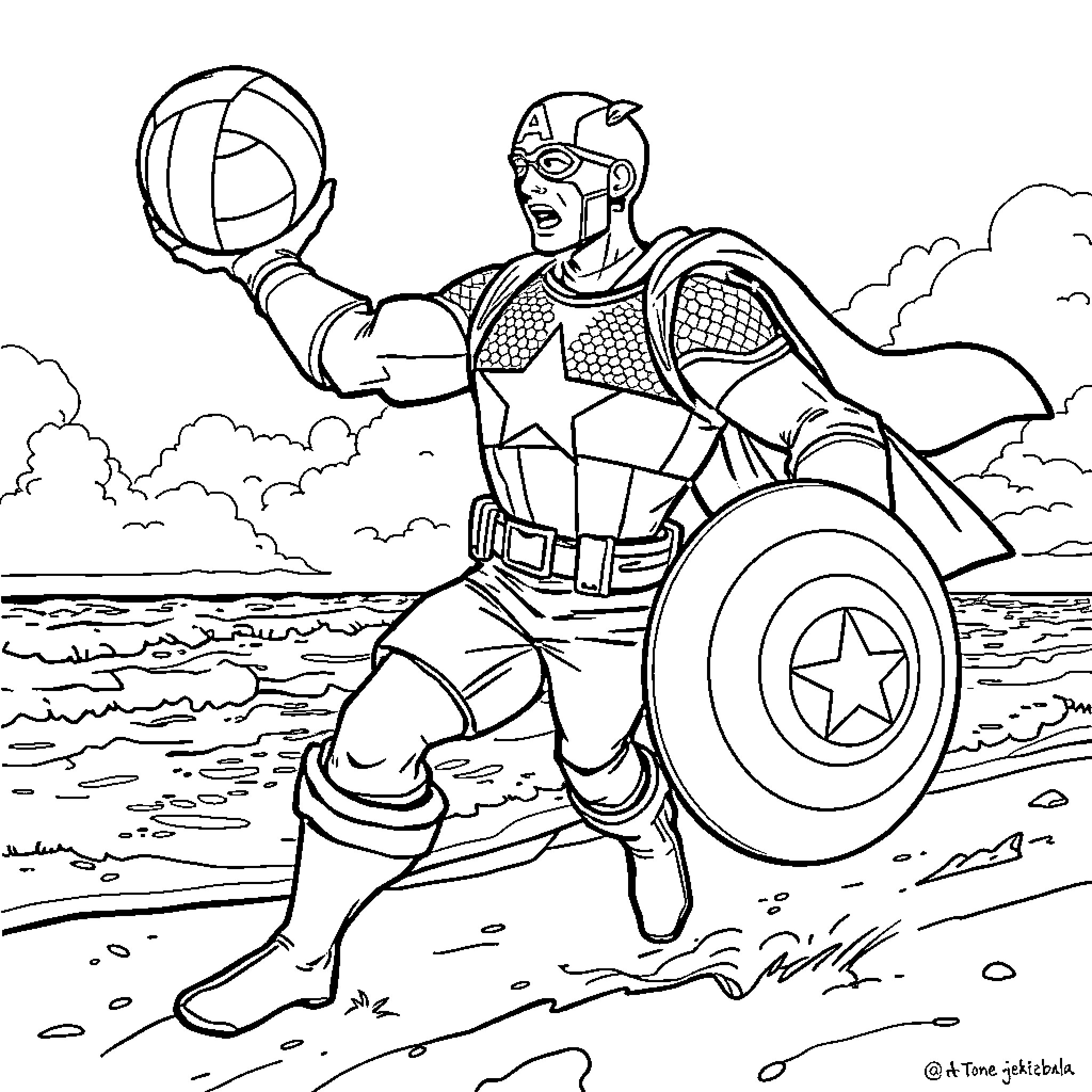 Captain America Heroically Battling on the Beachfront Coloring Page (free black-and-white line drawing printable PDF for all, from beginners to advanced learners, including children, teens, adults, and seniors)