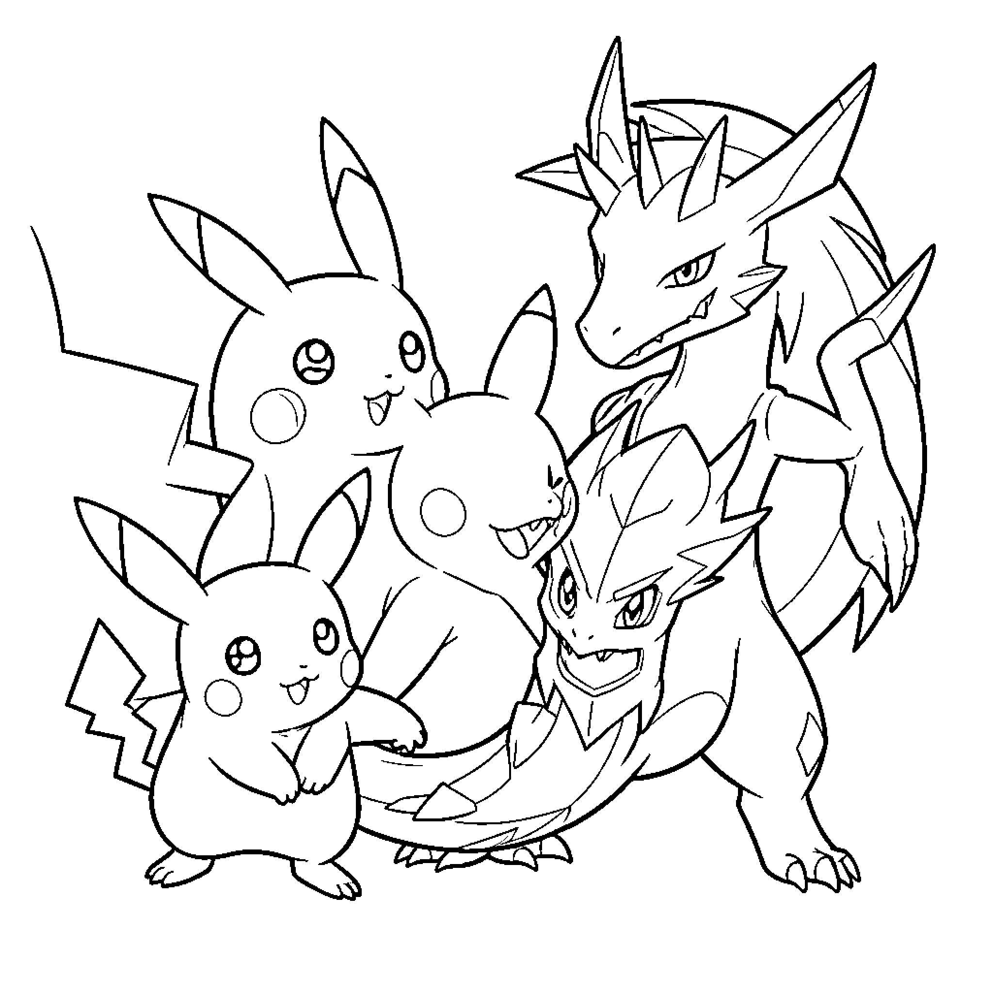 Pikachu and dragon-like creatures playing together happily Coloring Page (free black-and-white line drawing printable PDF for all, from beginners to advanced learners, including children, teens, adults, and seniors)