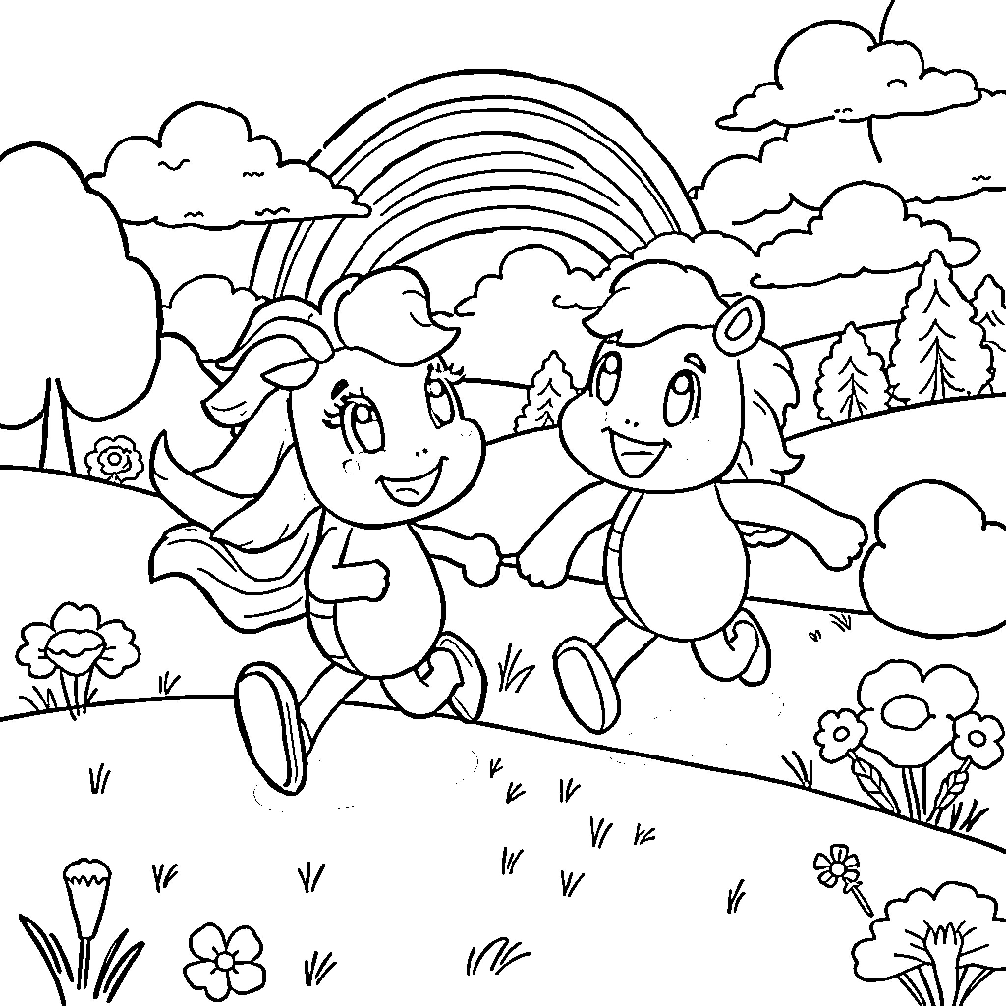 Rainbow Friends Enjoying an Adventure in Nature Coloring Page (free black-and-white line drawing printable PDF for all, from beginners to advanced learners, including children, teens, adults, and seniors)