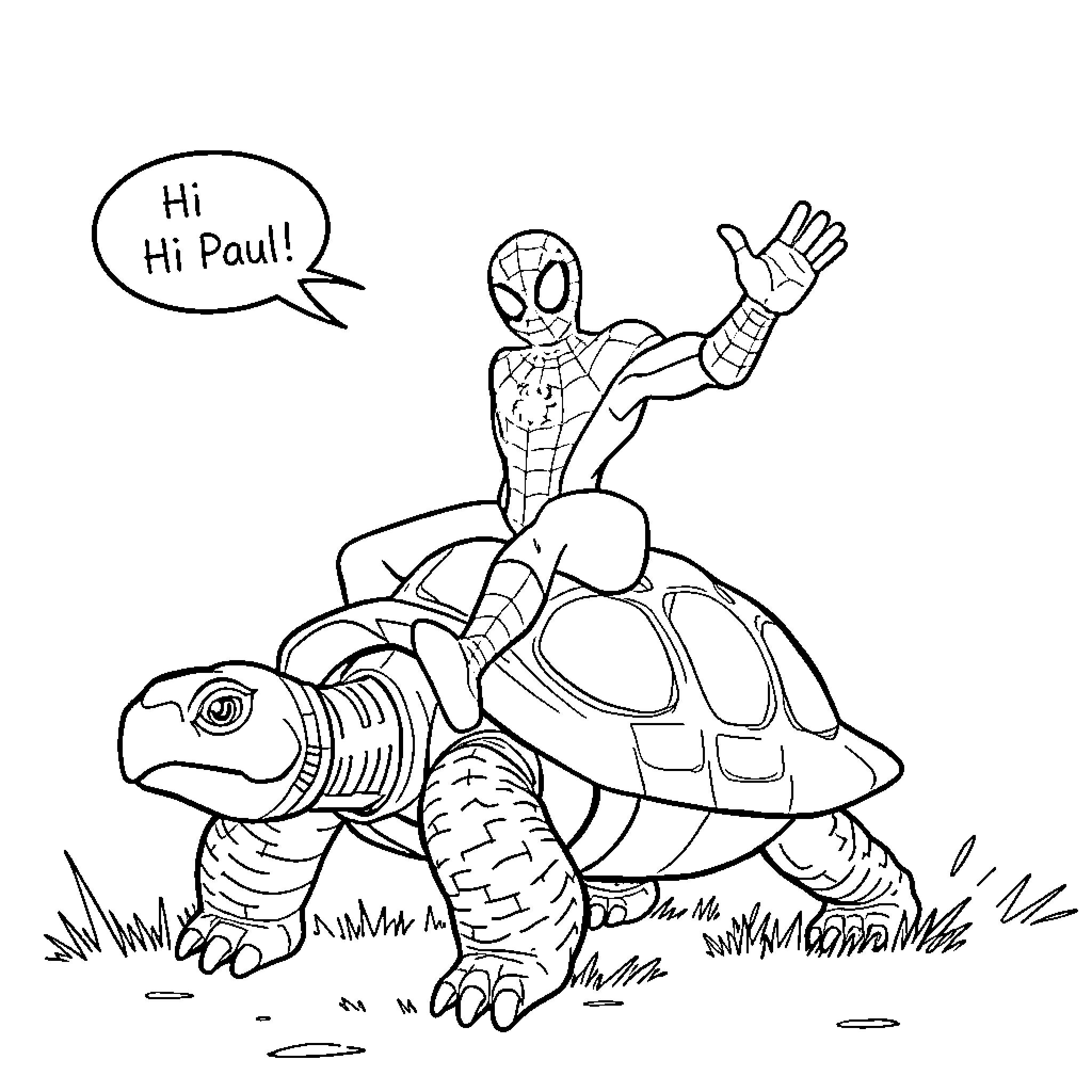 Spidey hitches a ride on a friendly tortoise Coloring Page (free black-and-white line drawing printable PDF for all, from beginners to advanced learners, including children, teens, adults, and seniors)
