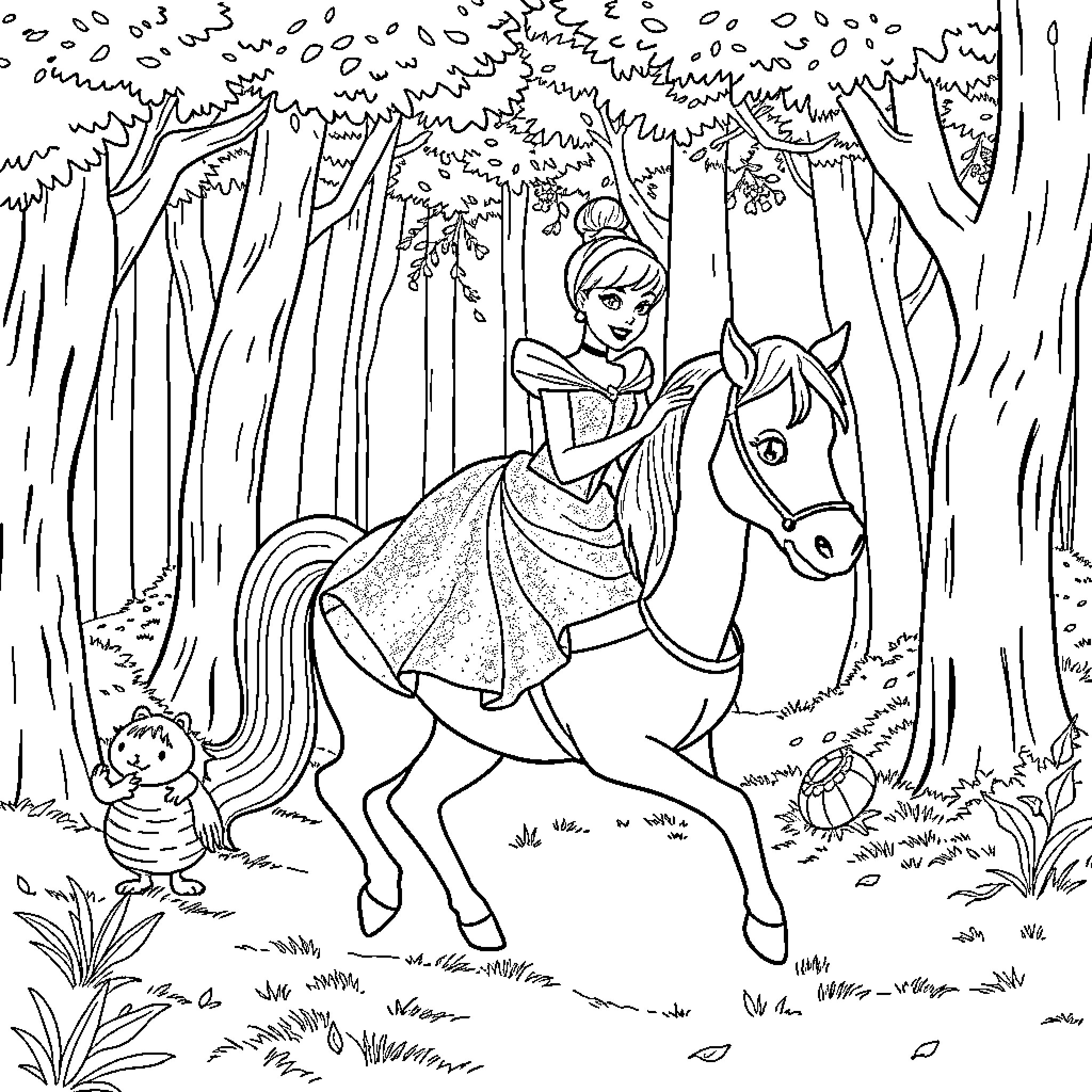 Cinderella riding a horse in a forest Coloring Page (free black-and-white line drawing printable PDF for all, from beginners to advanced learners, including children, teens, adults, and seniors)