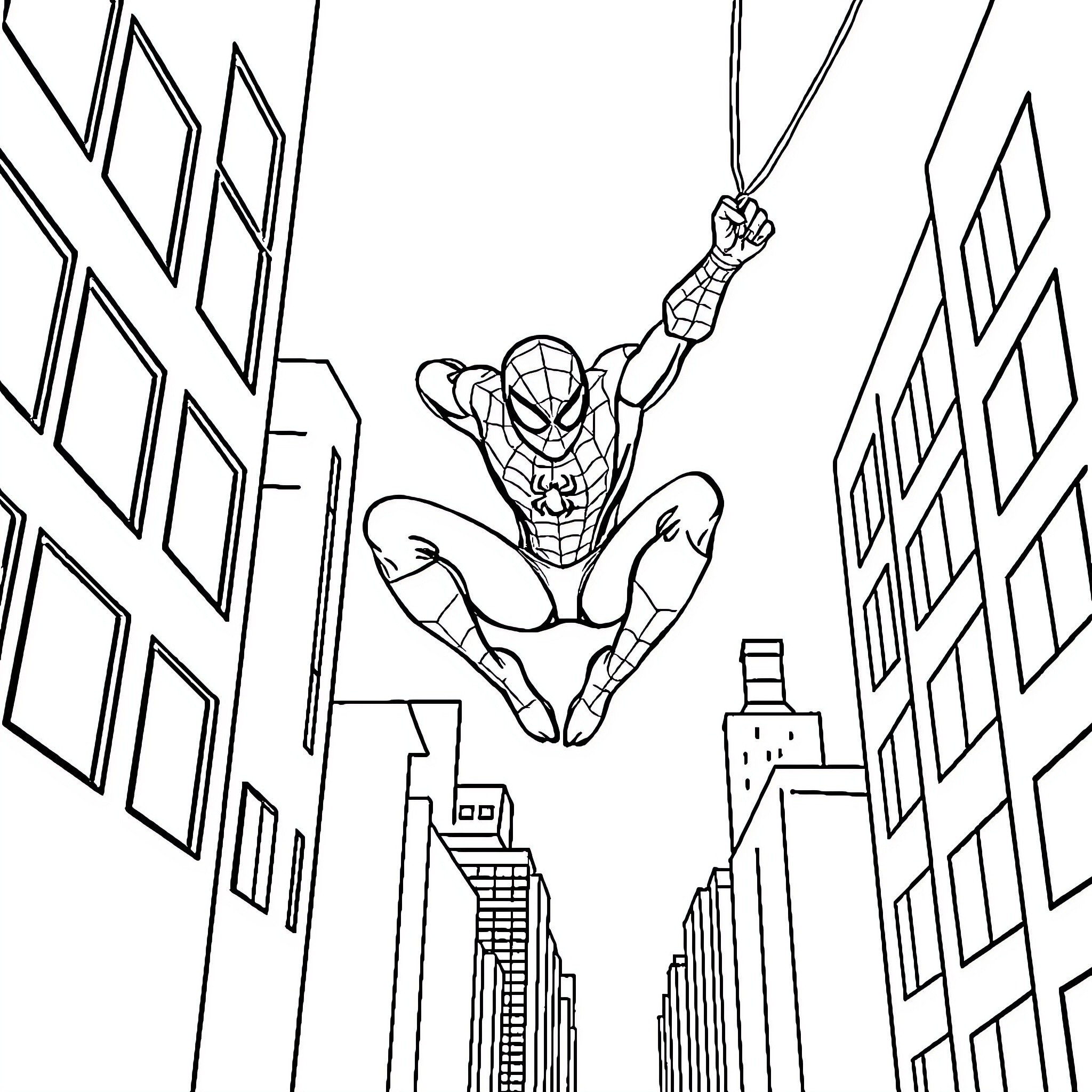 Spiderman swinging through the city skyline Coloring Page (free black-and-white line drawing printable PDF for all, from beginners to advanced learners, including children, teens, adults, and seniors)