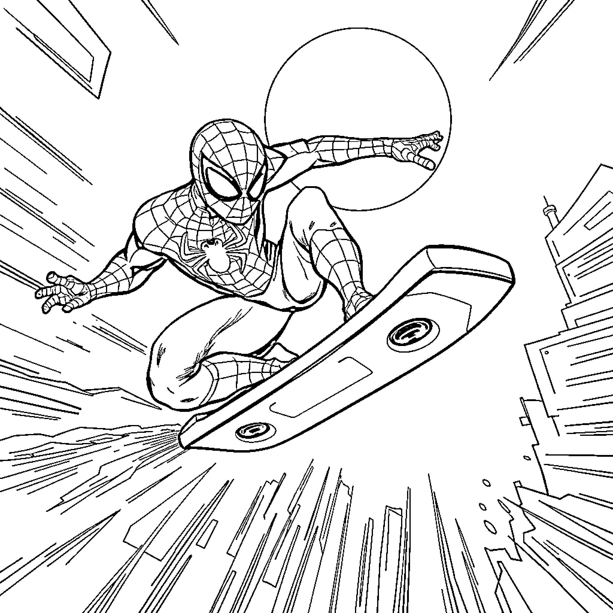 Spider-Man swinging through the city on his web Coloring Page (free black-and-white line drawing printable PDF for all, from beginners to advanced learners, including children, teens, adults, and seniors)