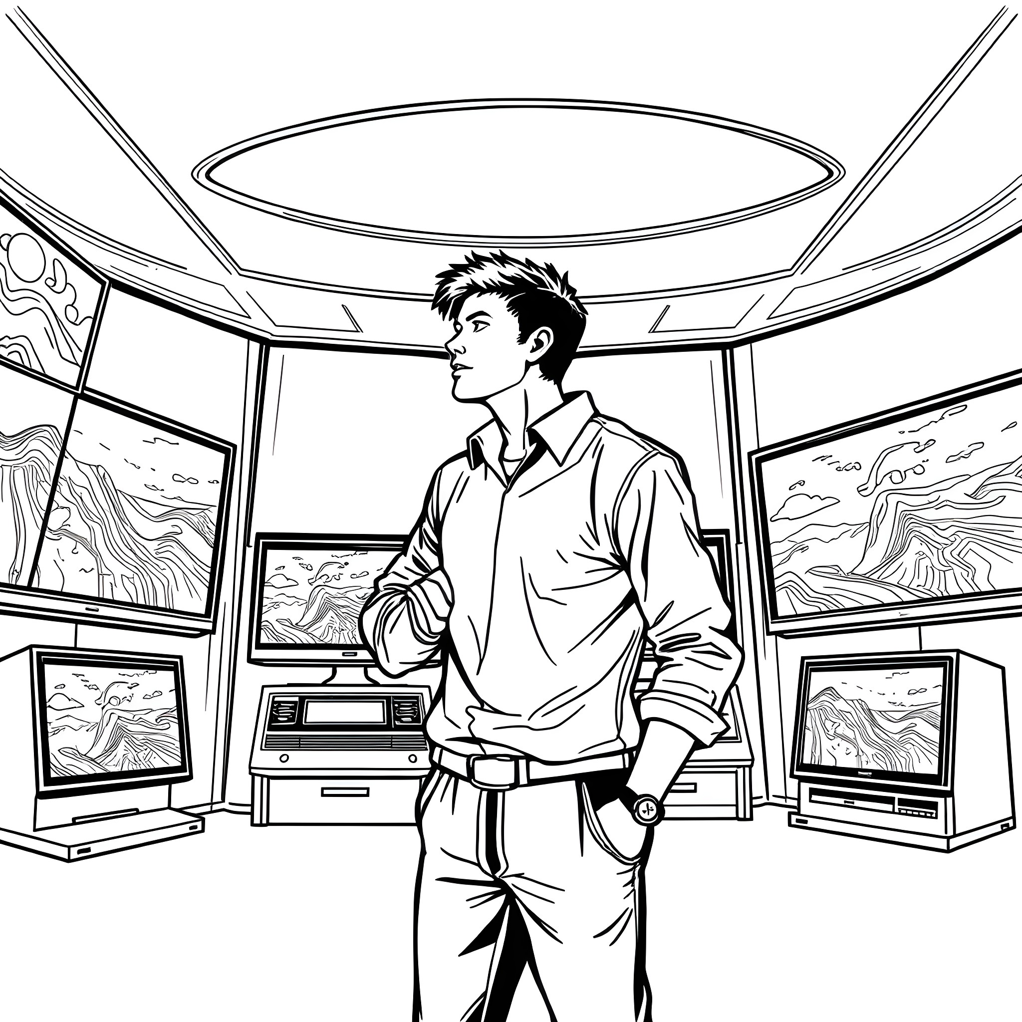 Man in a futuristic command center Coloring Page (free black-and-white line drawing printable PDF for all, from beginners to advanced learners, including children, teens, adults, and seniors)