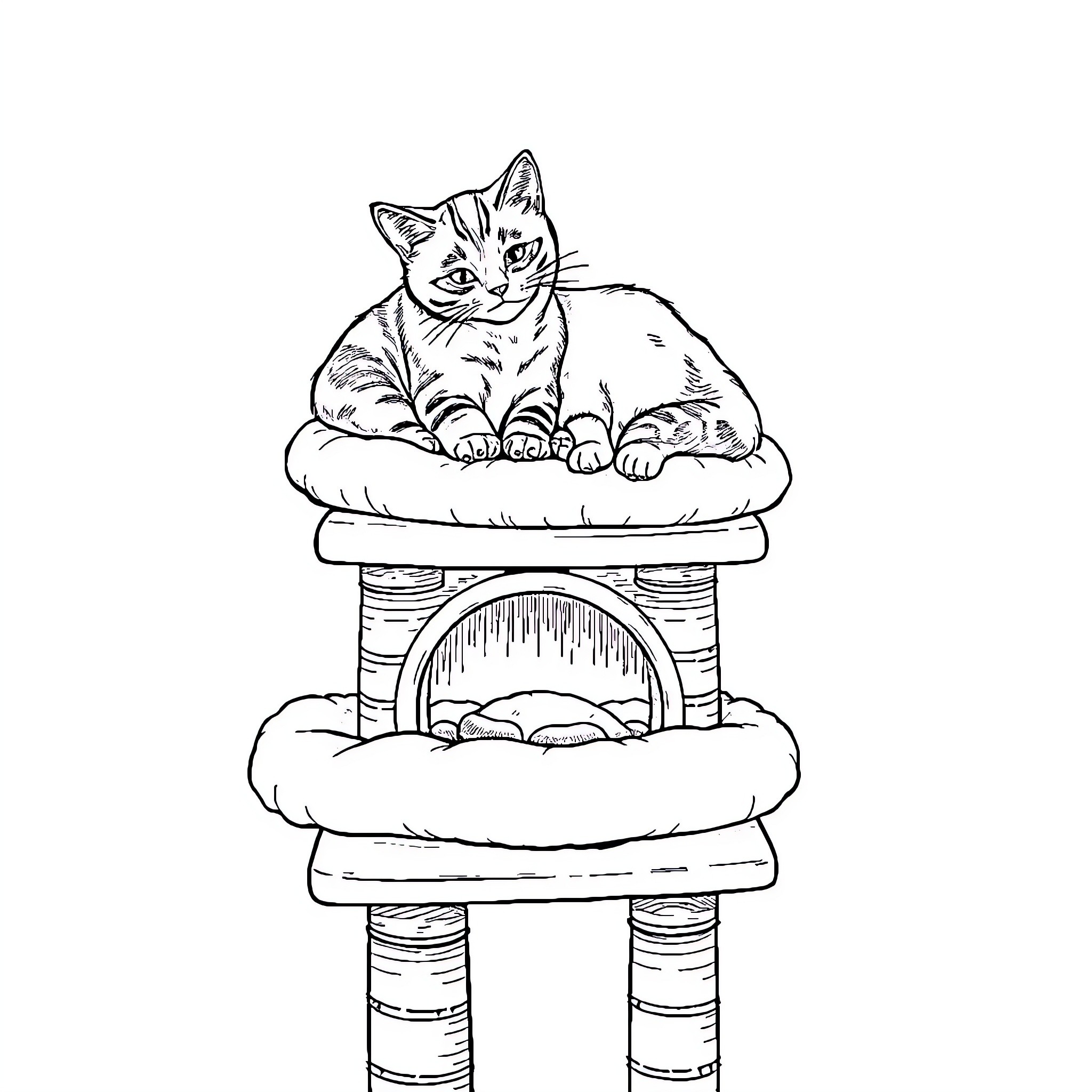 Cat relaxing on a cozy scratching post Coloring Page (free black-and-white line drawing printable PDF for all, from beginners to advanced learners, including children, teens, adults, and seniors)