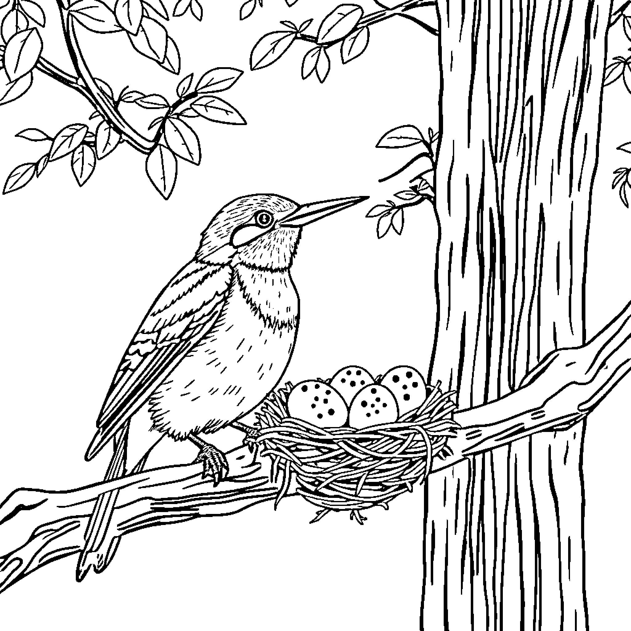 Bird guarding nest with eggs in forest Coloring Page (free black-and-white line drawing printable PDF for all, from beginners to advanced learners, including children, teens, adults, and seniors)